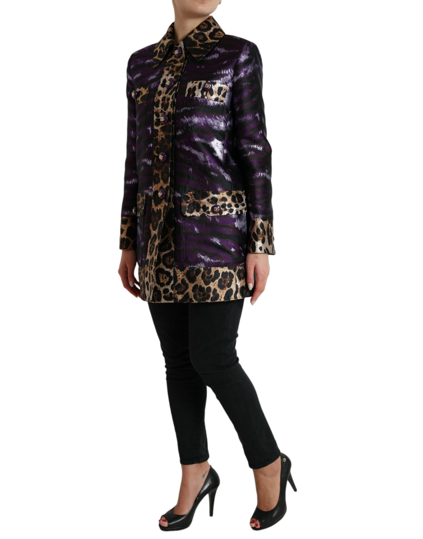 Dolce & Gabbana Purple Lamé Jacquard Tiger Print Coat Jacket Dolce & Gabbana