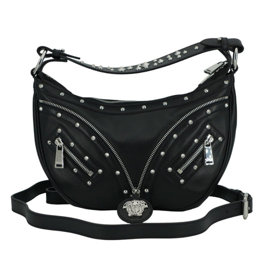 Versace Elegant Black Leather Hobo Shoulder Bag Versace