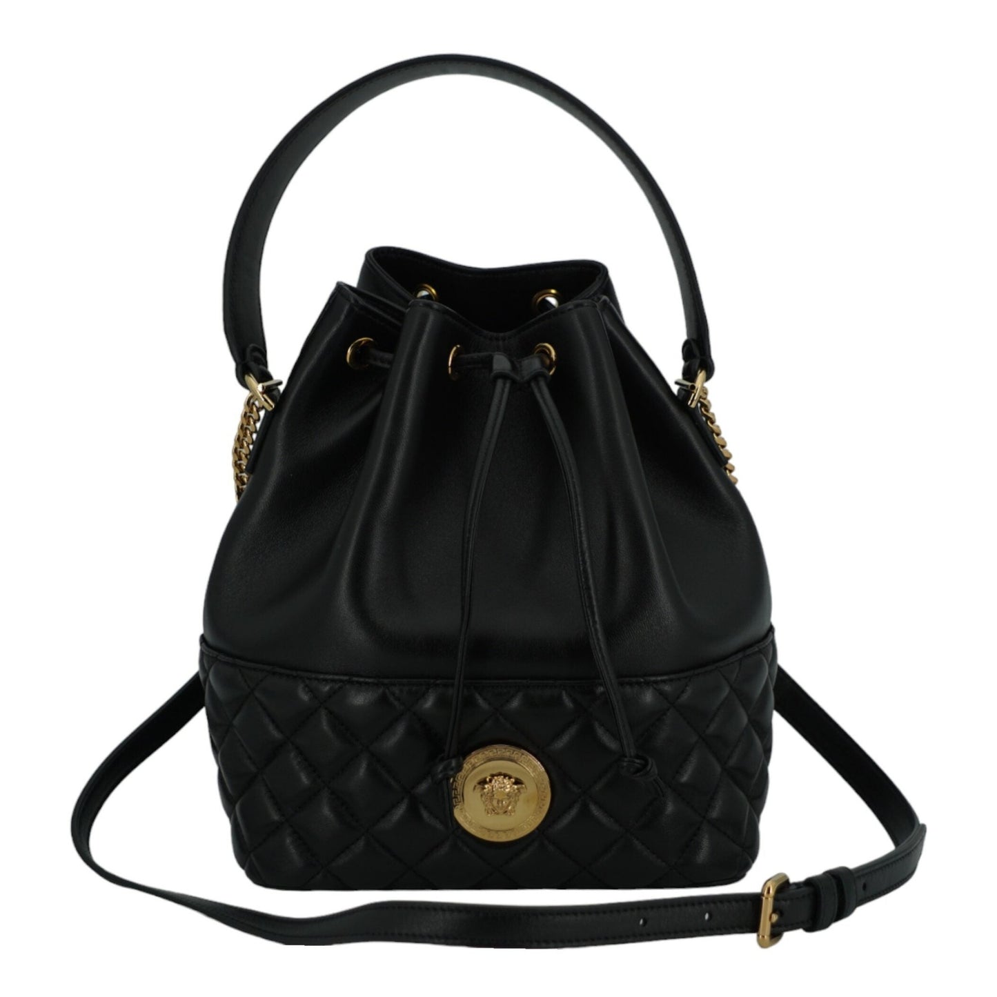 Versace Elegant Black Leather Medusa Bucket Shoulder Bag Versace