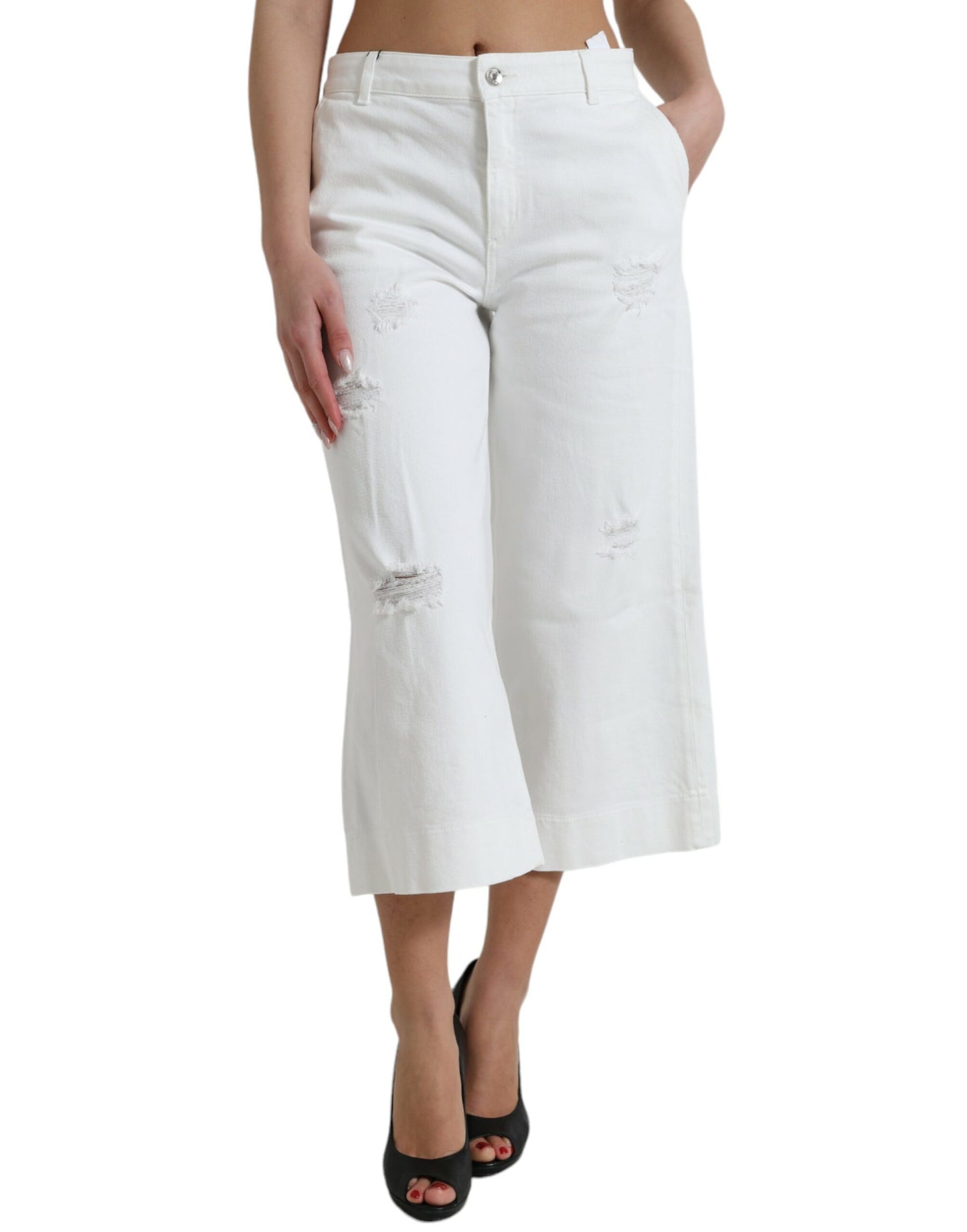 Dolce & Gabbana White Cotton Cropped Wide Leg Denim Jeans Dolce & Gabbana