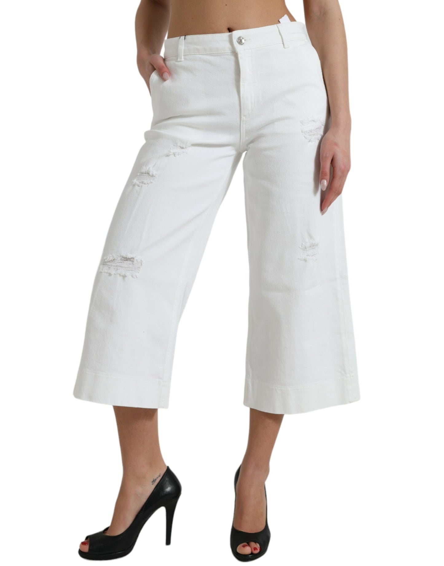 Dolce & Gabbana White Cotton Cropped Wide Leg Denim Jeans Dolce & Gabbana
