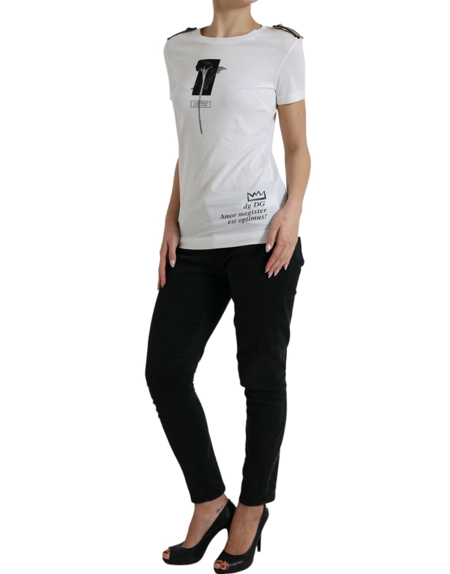 Dolce & Gabbana White Black Roses Crewneck Cotton T-shirt Dolce & Gabbana