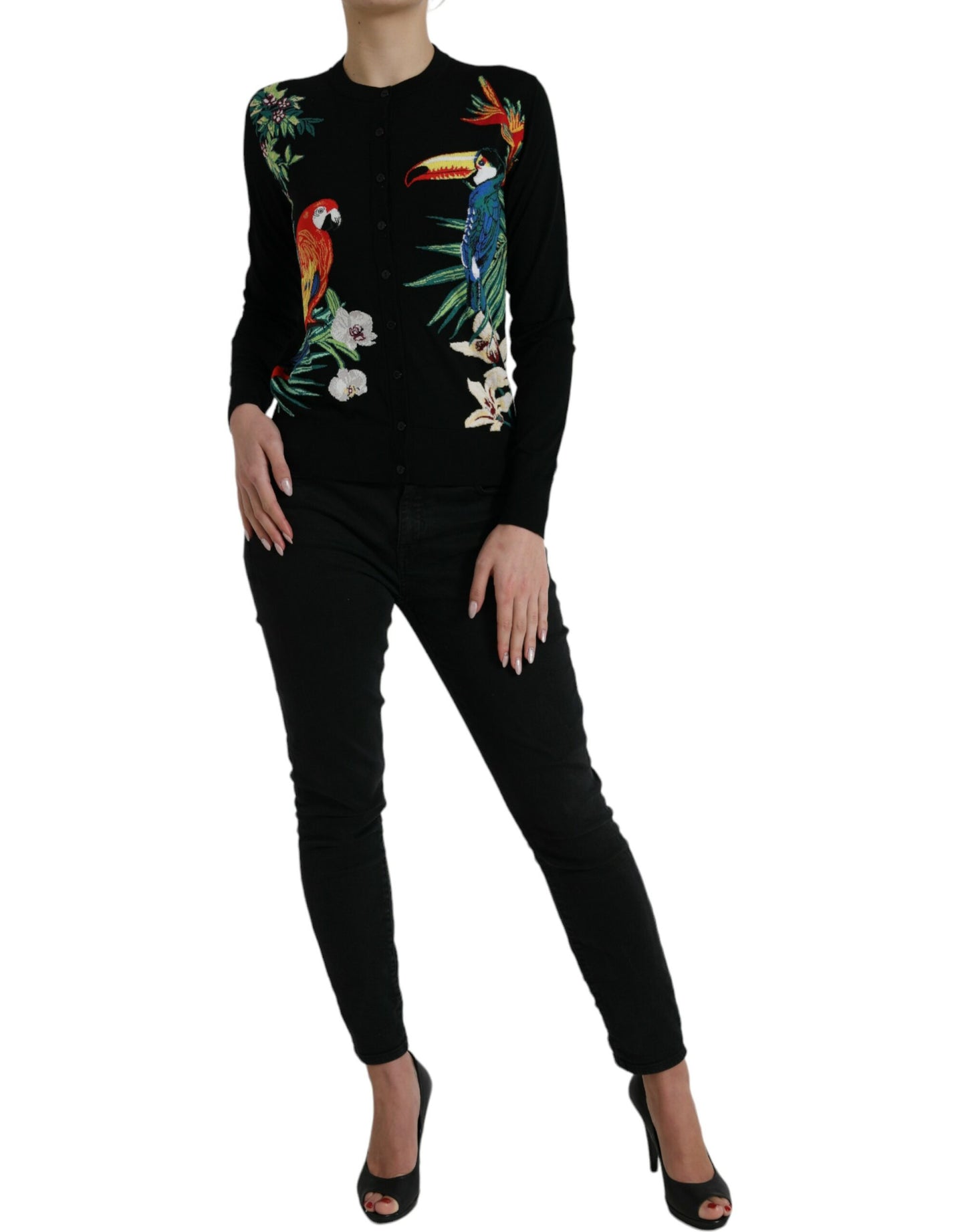 Dolce & Gabbana Black Bird Wool Long Sleeve Cardigan Sweater Dolce & Gabbana