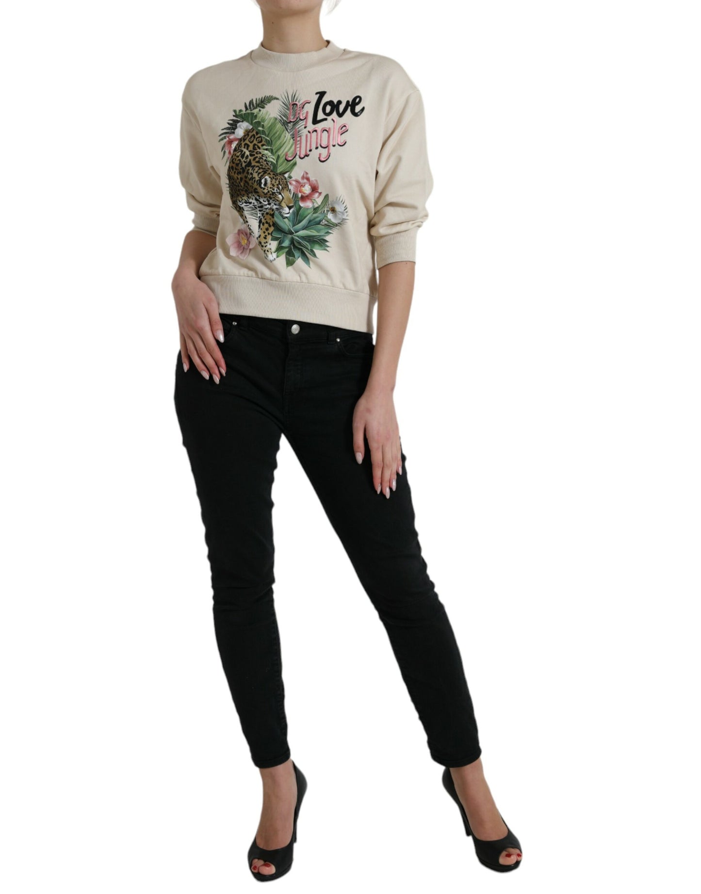 Dolce & Gabbana Beige Jungle Printed Cotton Pullover Sweater Dolce & Gabbana