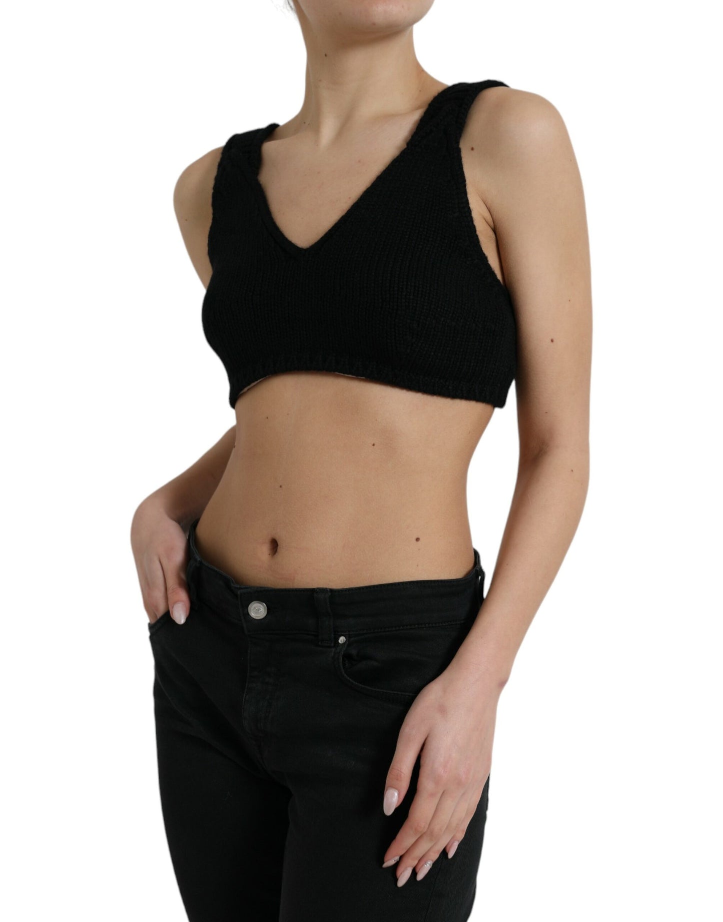 Dolce & Gabbana Black Cropped Cashmere V-neck Bustier Top Dolce & Gabbana