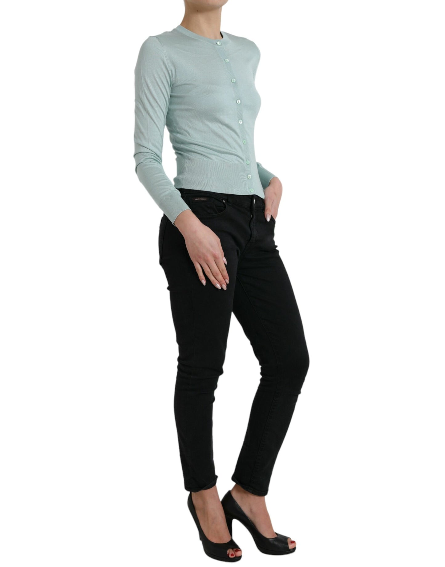 Dolce & Gabbana Light Blue Silk Crew Neck Cardigan Sweater Dolce & Gabbana