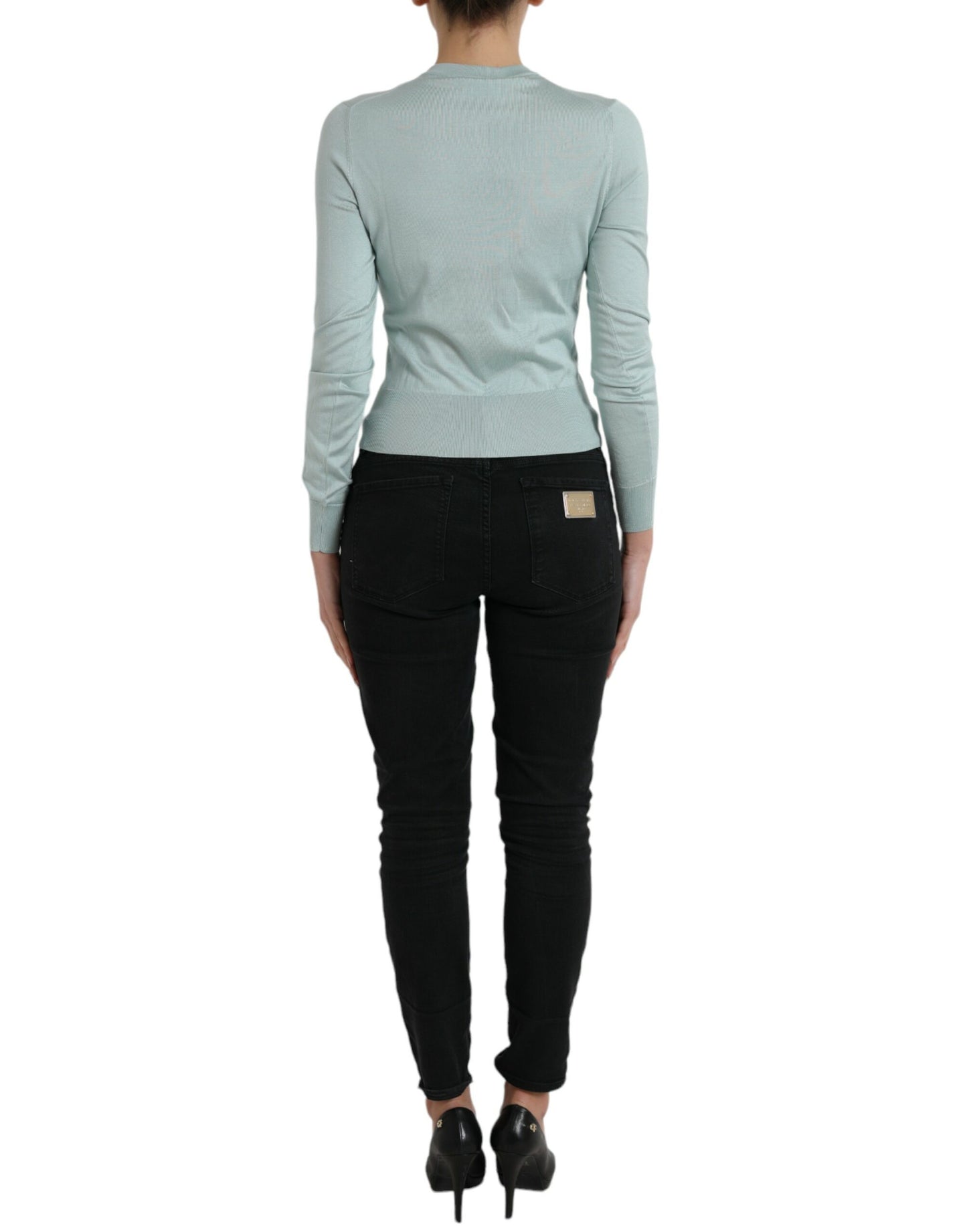 Dolce & Gabbana Light Blue Silk Crew Neck Cardigan Sweater Dolce & Gabbana