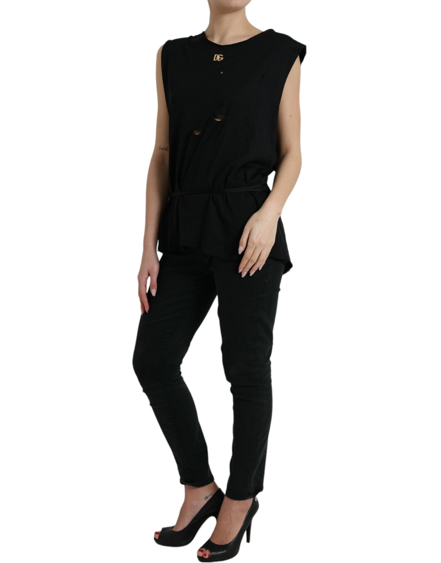 Dolce & Gabbana Black Cotton Lace Up Logo Round Neck Tank Top Dolce & Gabbana