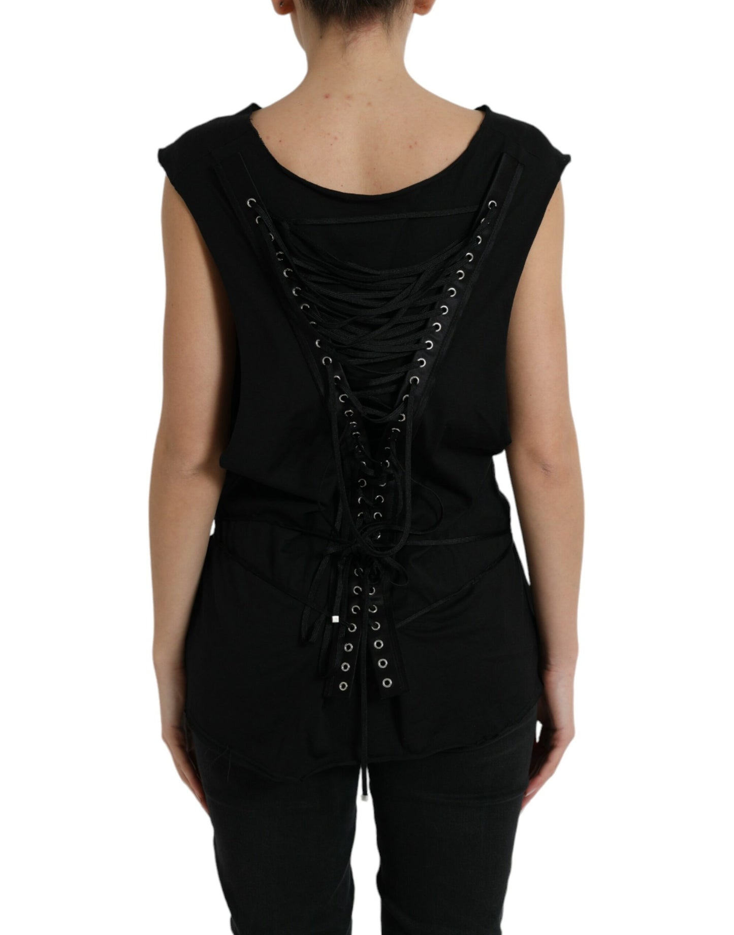 Dolce & Gabbana Black Cotton Lace Up Logo Round Neck Tank Top Dolce & Gabbana