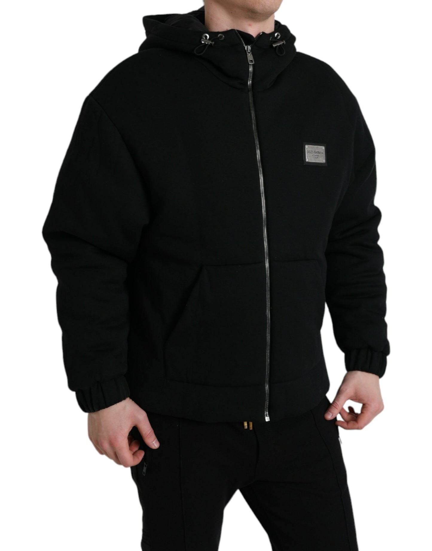 Dolce & Gabbana Black Cotton Hooded Logo Bomber Jacket Dolce & Gabbana