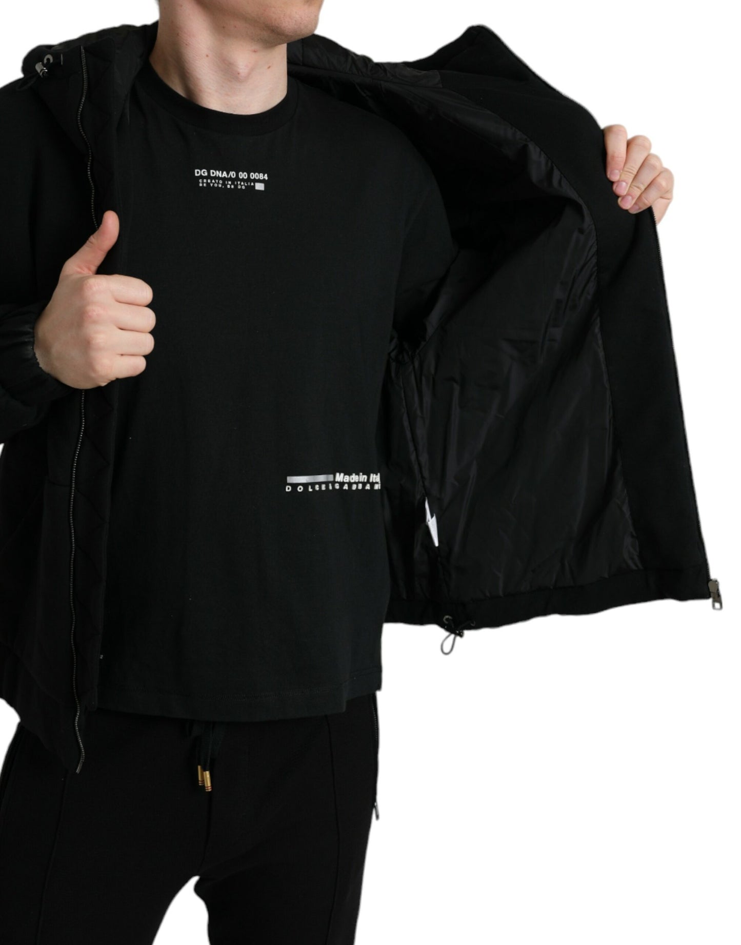Dolce & Gabbana Black Cotton Hooded Logo Bomber Jacket Dolce & Gabbana