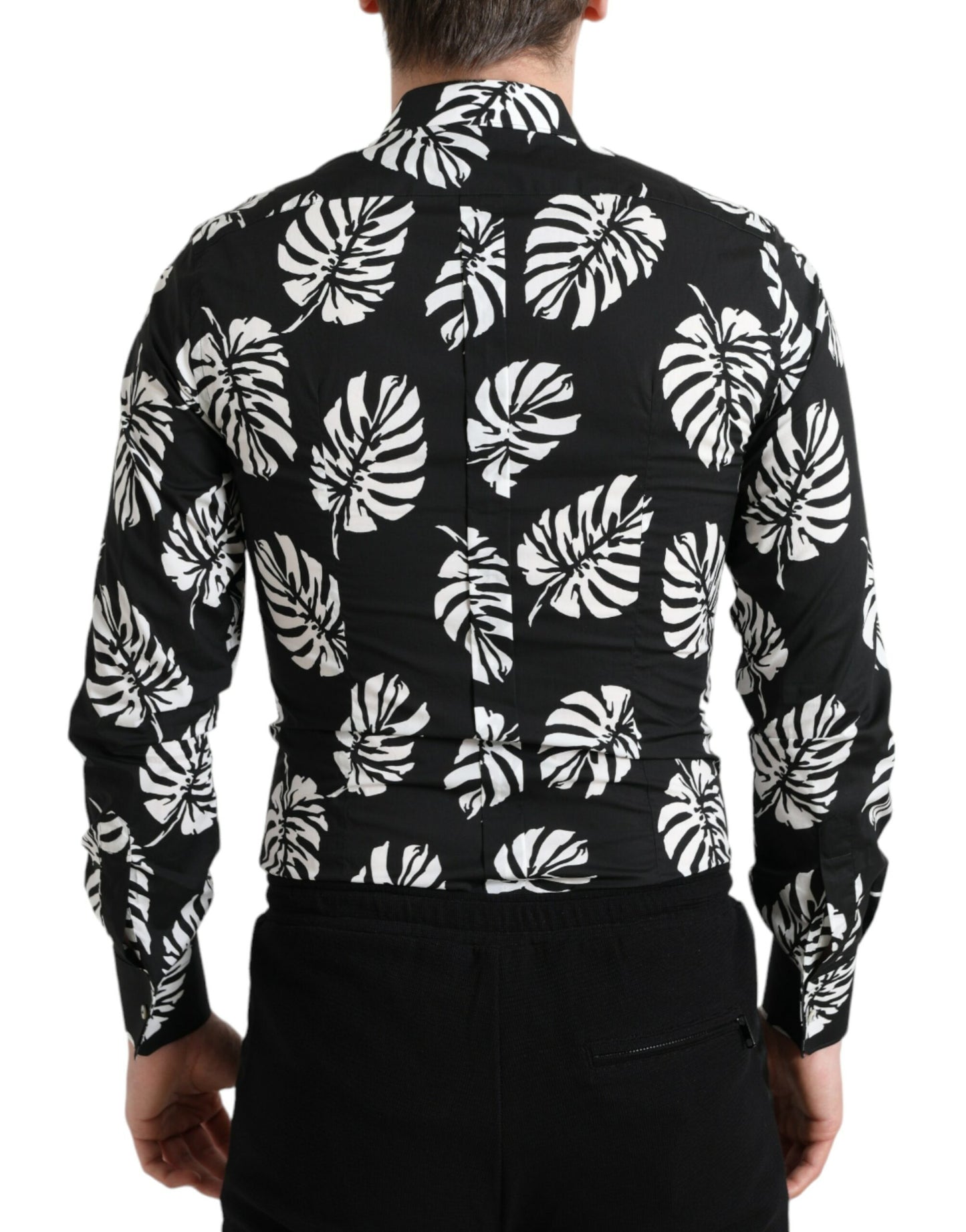 Dolce & Gabbana Black Leaf Cotton Men Formal GOLD Dress Shirt Dolce & Gabbana