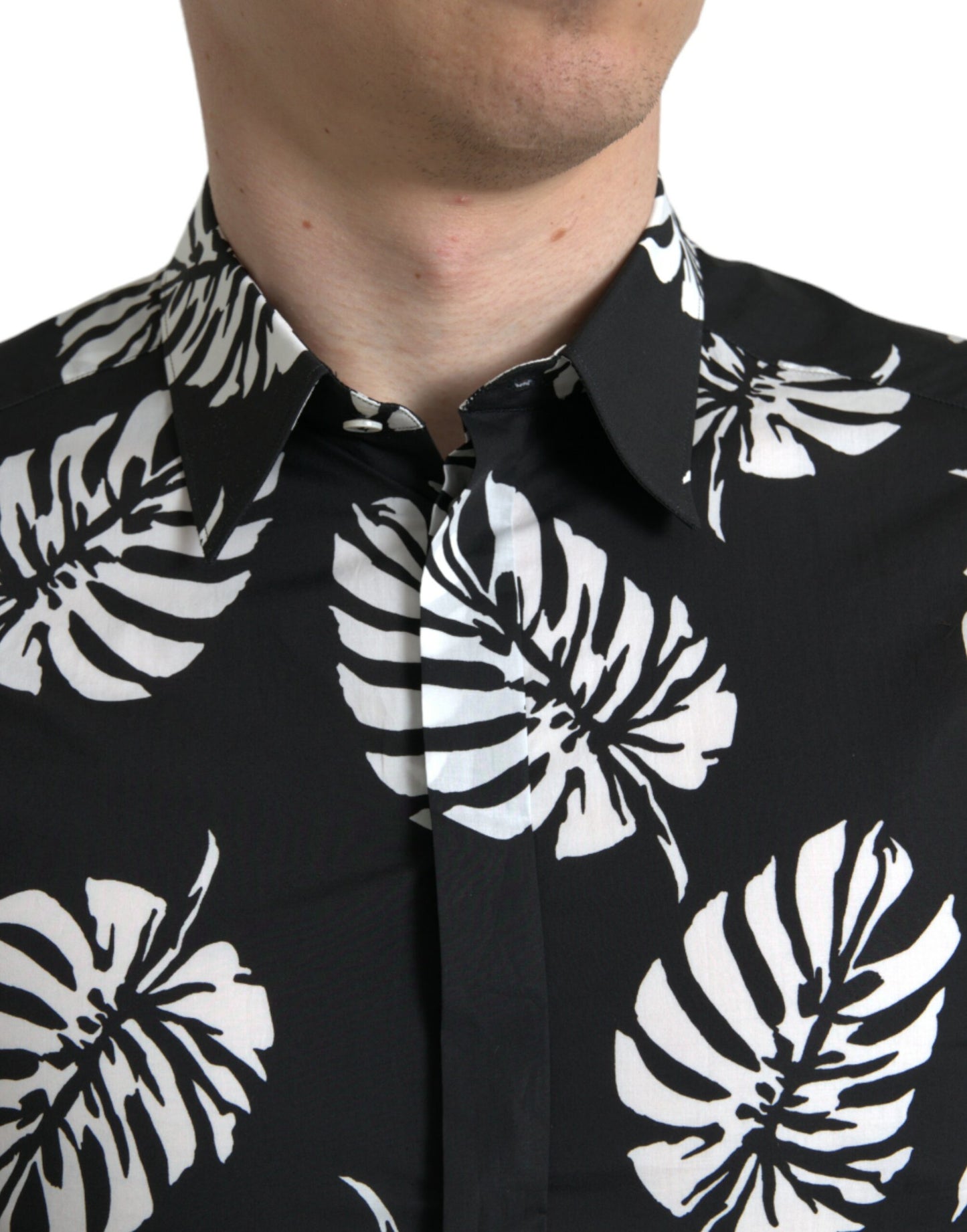 Dolce & Gabbana Black Leaf Cotton Men Formal GOLD Dress Shirt Dolce & Gabbana