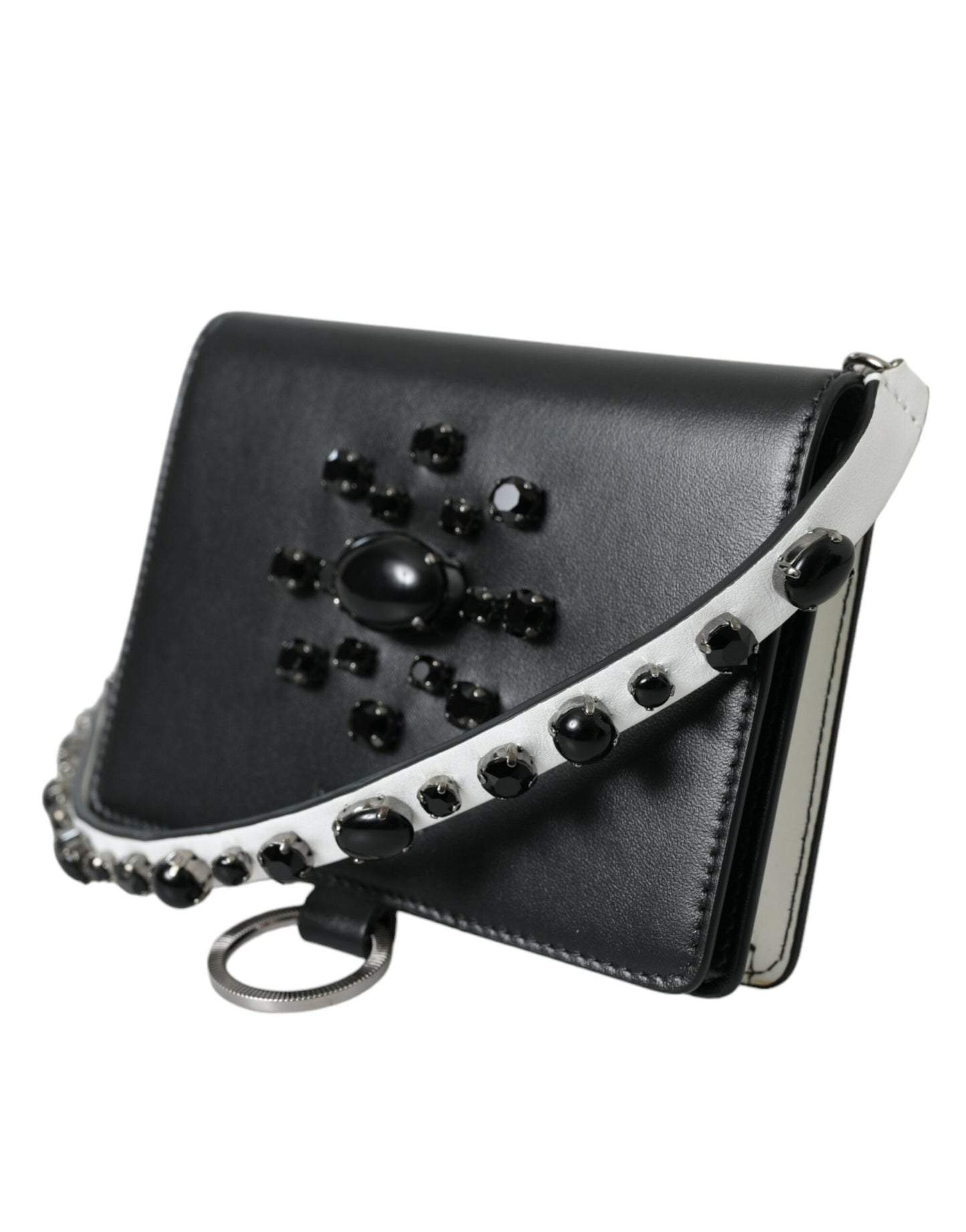 Dolce & Gabbana Black White Leather Crystal Embellished Cardholder Wallet Dolce & Gabbana