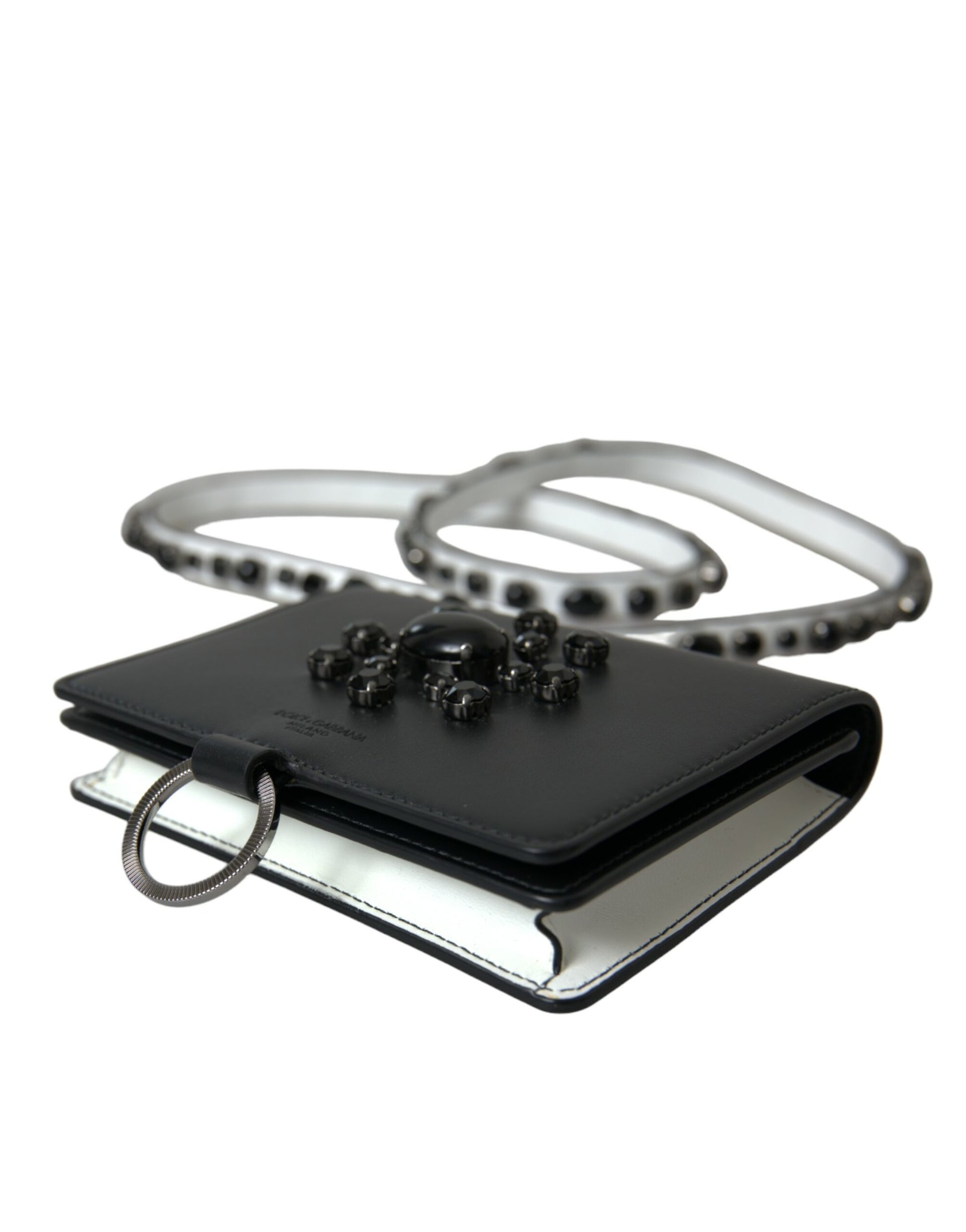 Dolce & Gabbana Black White Leather Crystal Embellished Cardholder Wallet Dolce & Gabbana