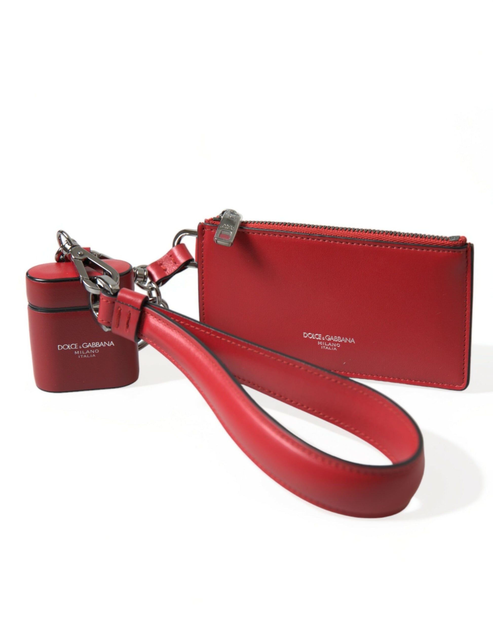 Dolce & Gabbana Red Leather Silver Metal Logo Strap Pouch Airpods Case Dolce & Gabbana