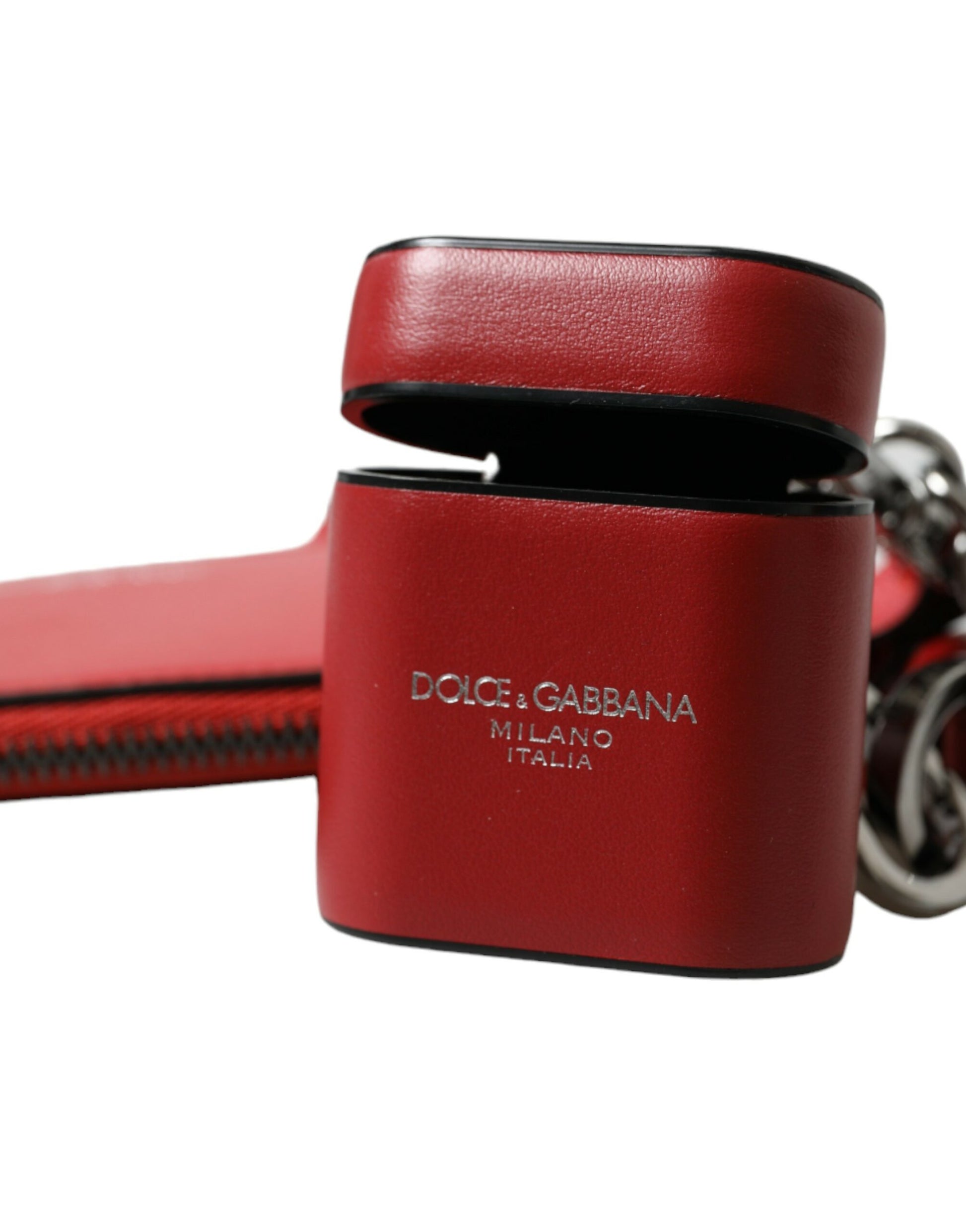 Dolce & Gabbana Red Leather Silver Metal Logo Strap Pouch Airpods Case Dolce & Gabbana