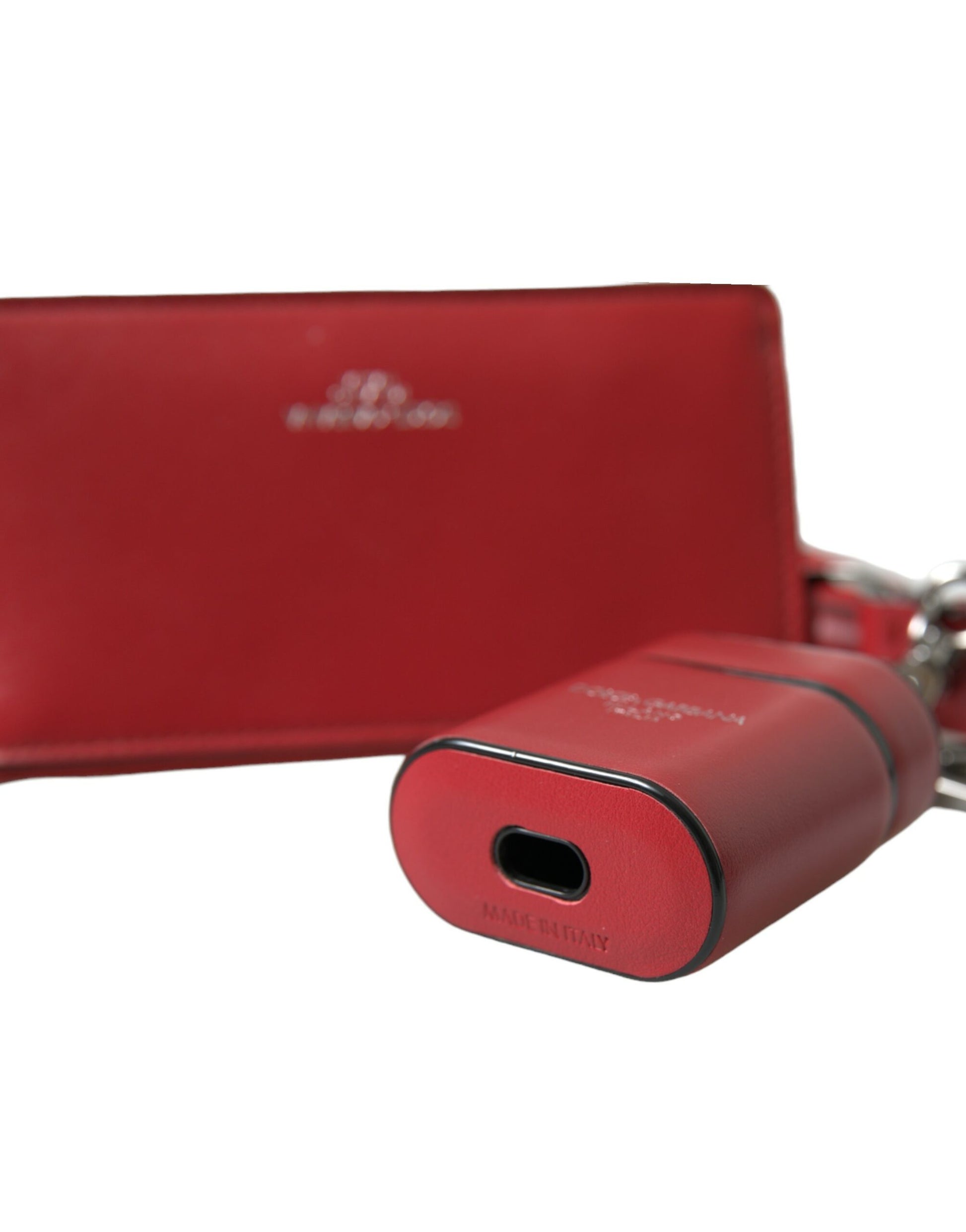 Dolce & Gabbana Red Leather Silver Metal Logo Strap Pouch Airpods Case Dolce & Gabbana