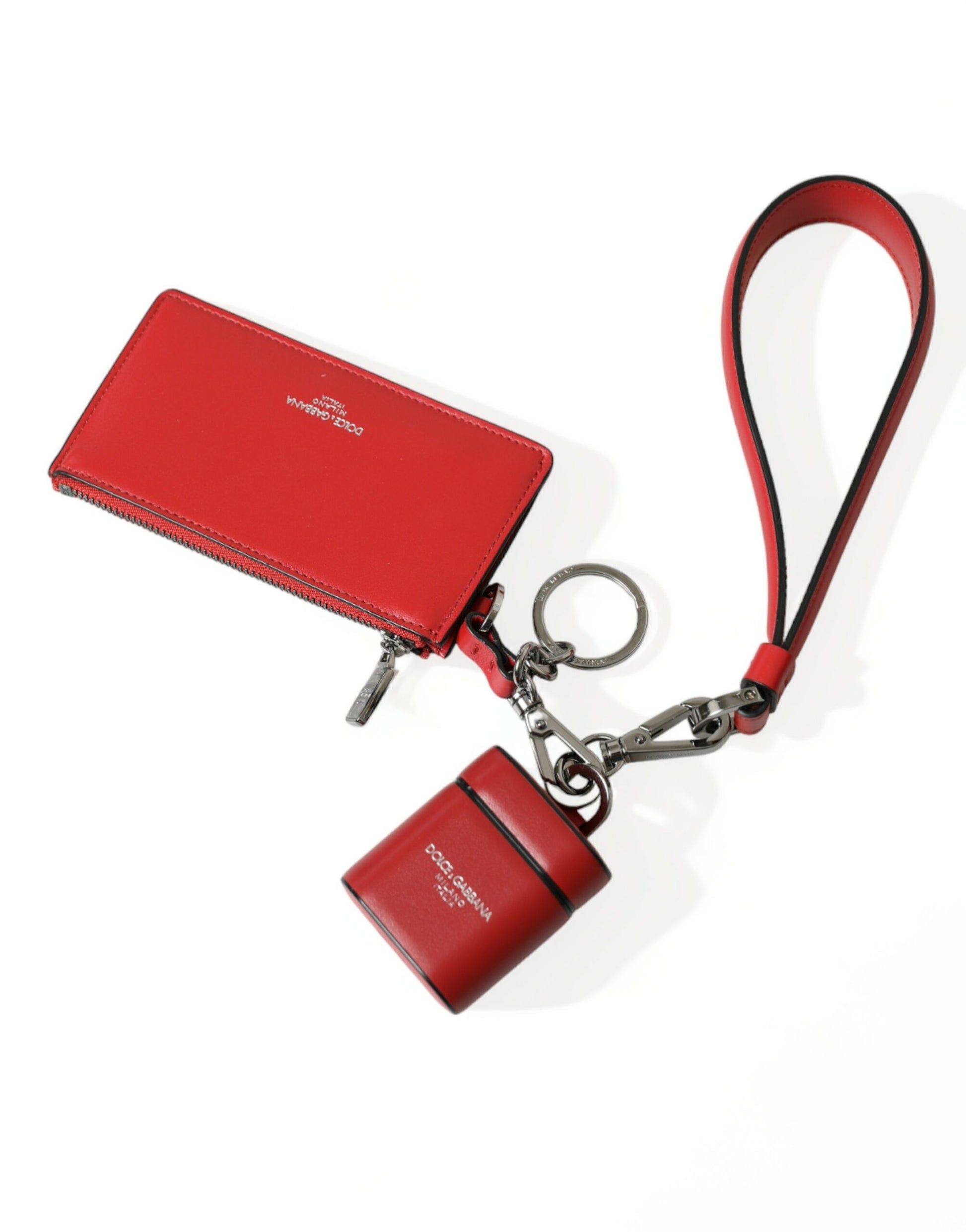 Dolce & Gabbana Red Leather Silver Metal Logo Strap Pouch Airpods Case Dolce & Gabbana
