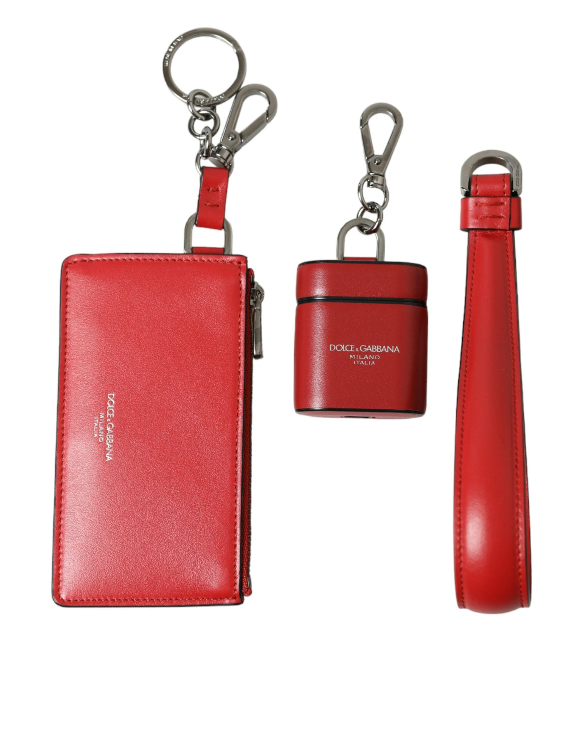 Dolce & Gabbana Red Leather Silver Metal Logo Strap Pouch Airpods Case Dolce & Gabbana