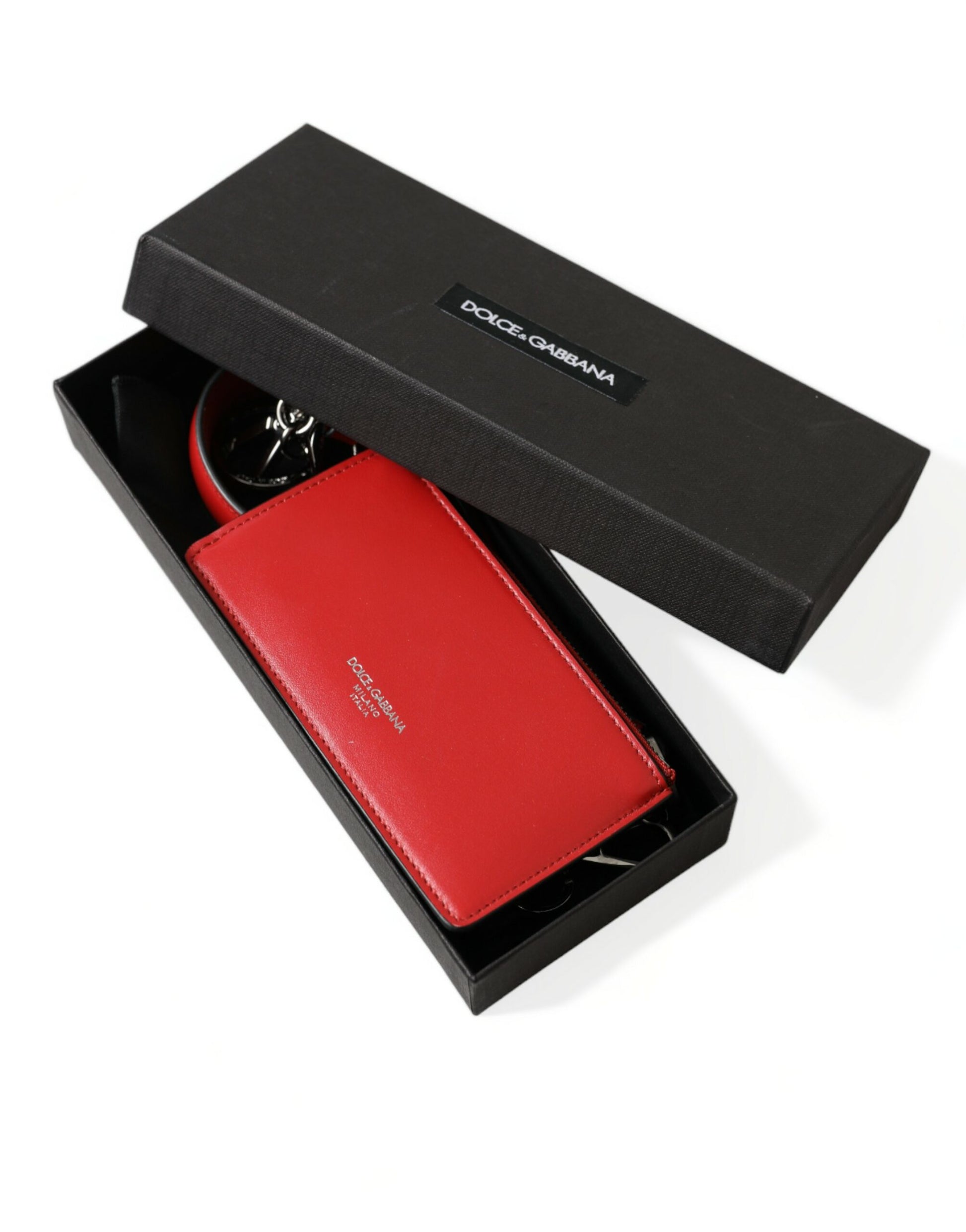 Dolce & Gabbana Red Leather Silver Metal Logo Strap Pouch Airpods Case Dolce & Gabbana