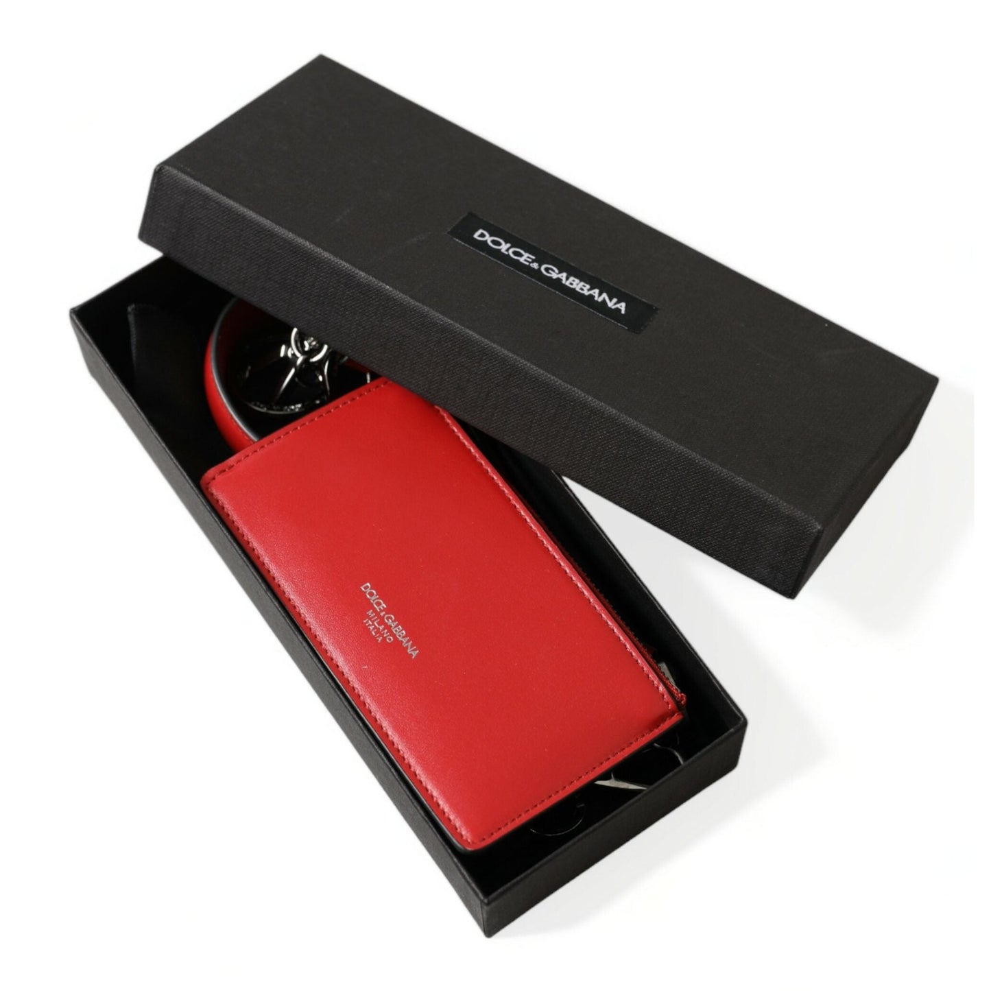 Dolce & Gabbana Red Leather Silver Metal Logo Strap Pouch Airpods Case