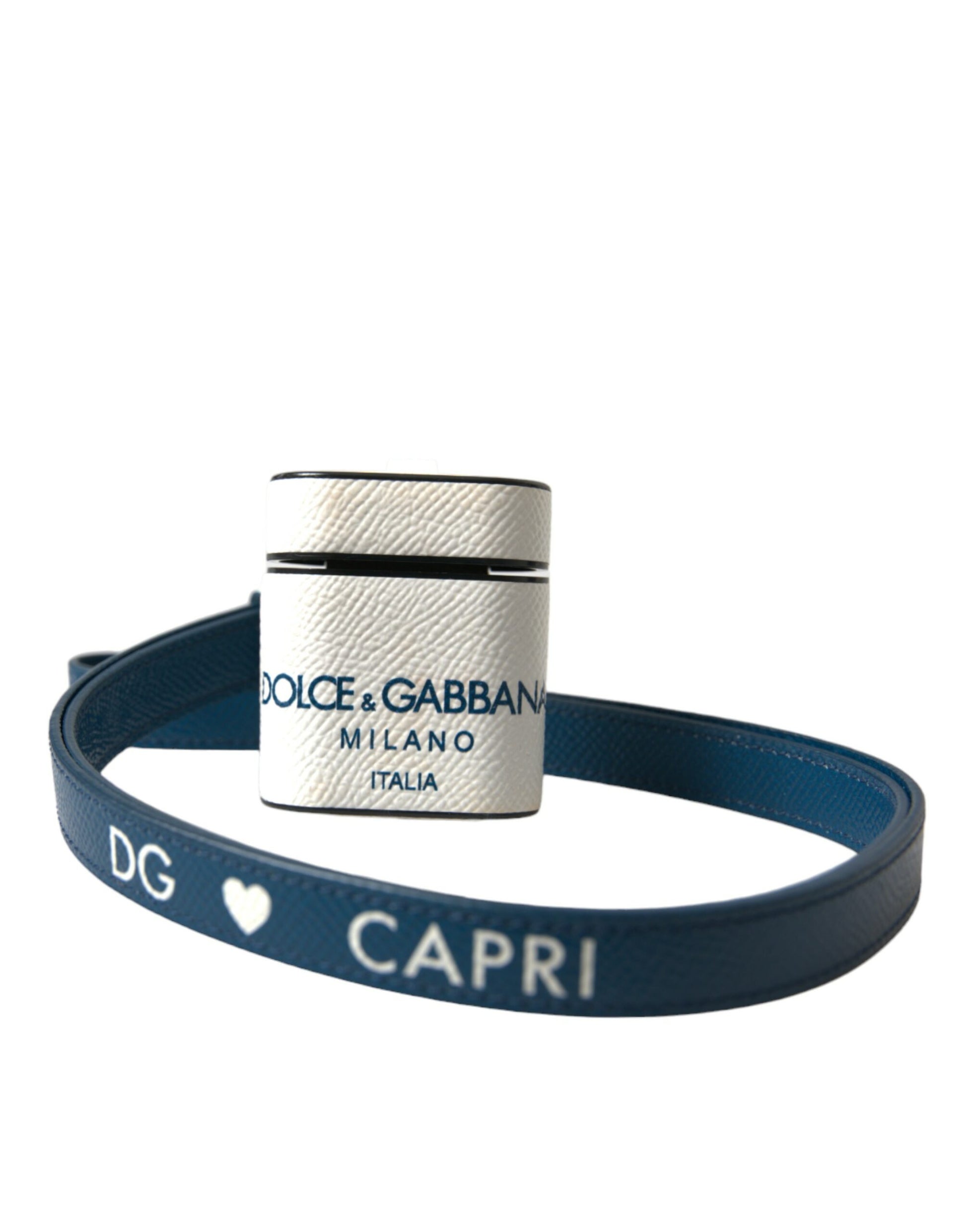 Dolce & Gabbana White Blue Calf Leather Logo Print Strap Airpods Case Dolce & Gabbana