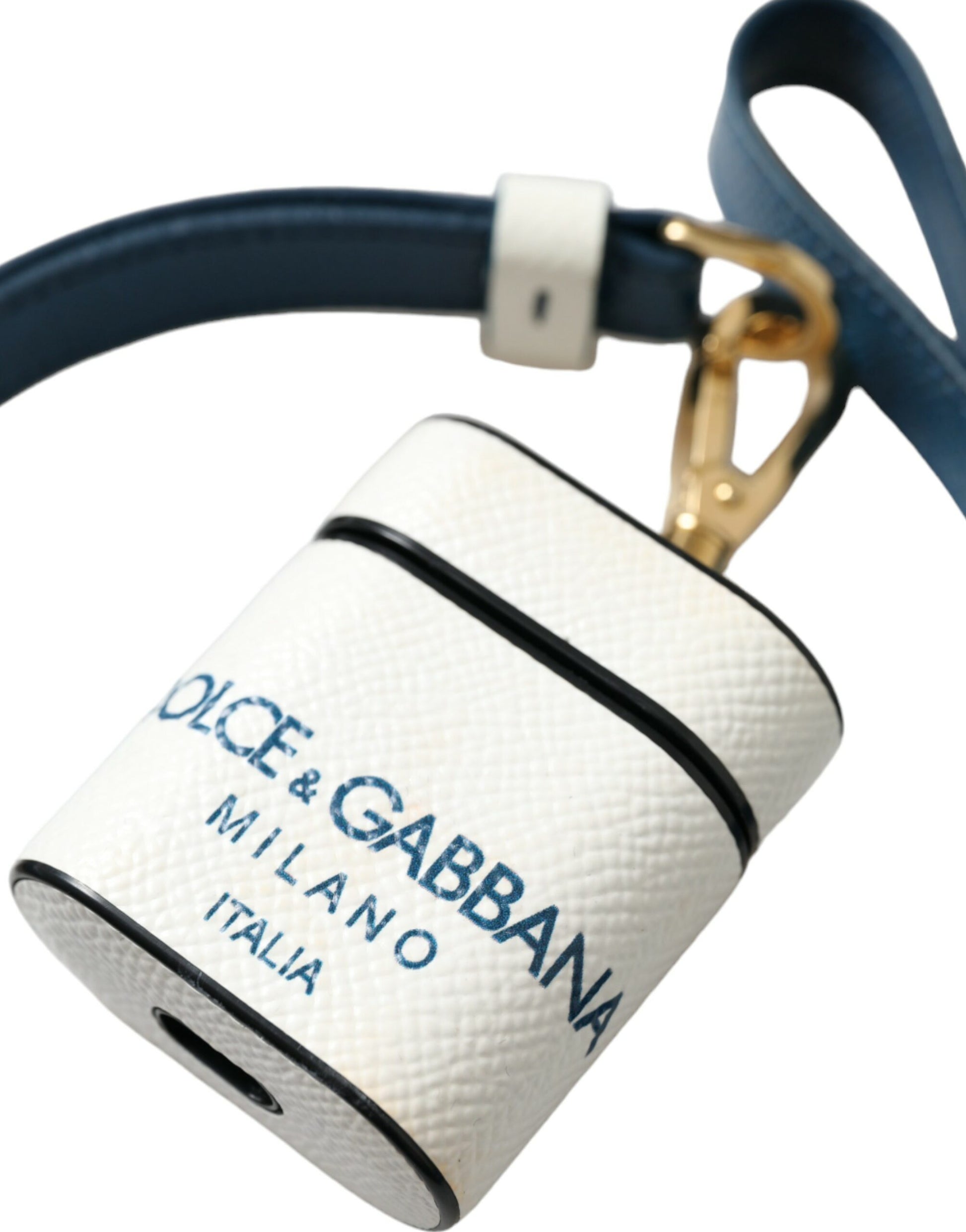 Dolce & Gabbana White Blue Calf Leather Logo Print Strap Airpods Case Dolce & Gabbana