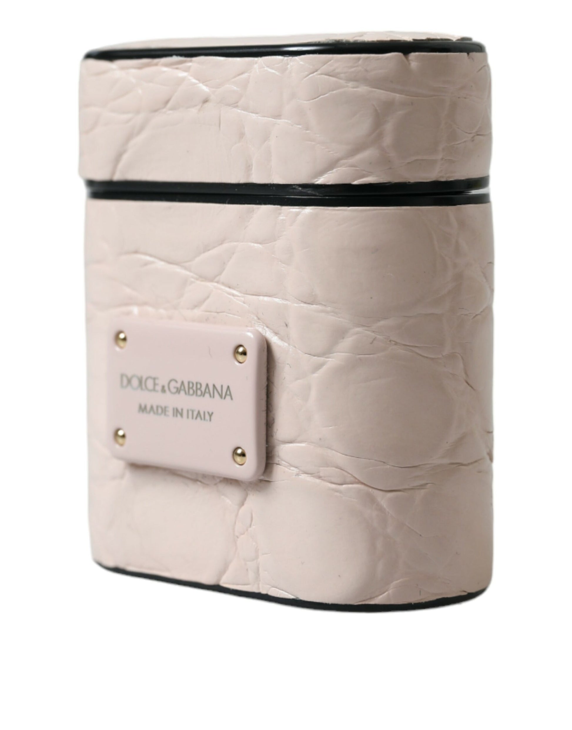 Dolce & Gabbana Light Pink Calf Leather Metal Logo Plaque Airpods Case Dolce & Gabbana