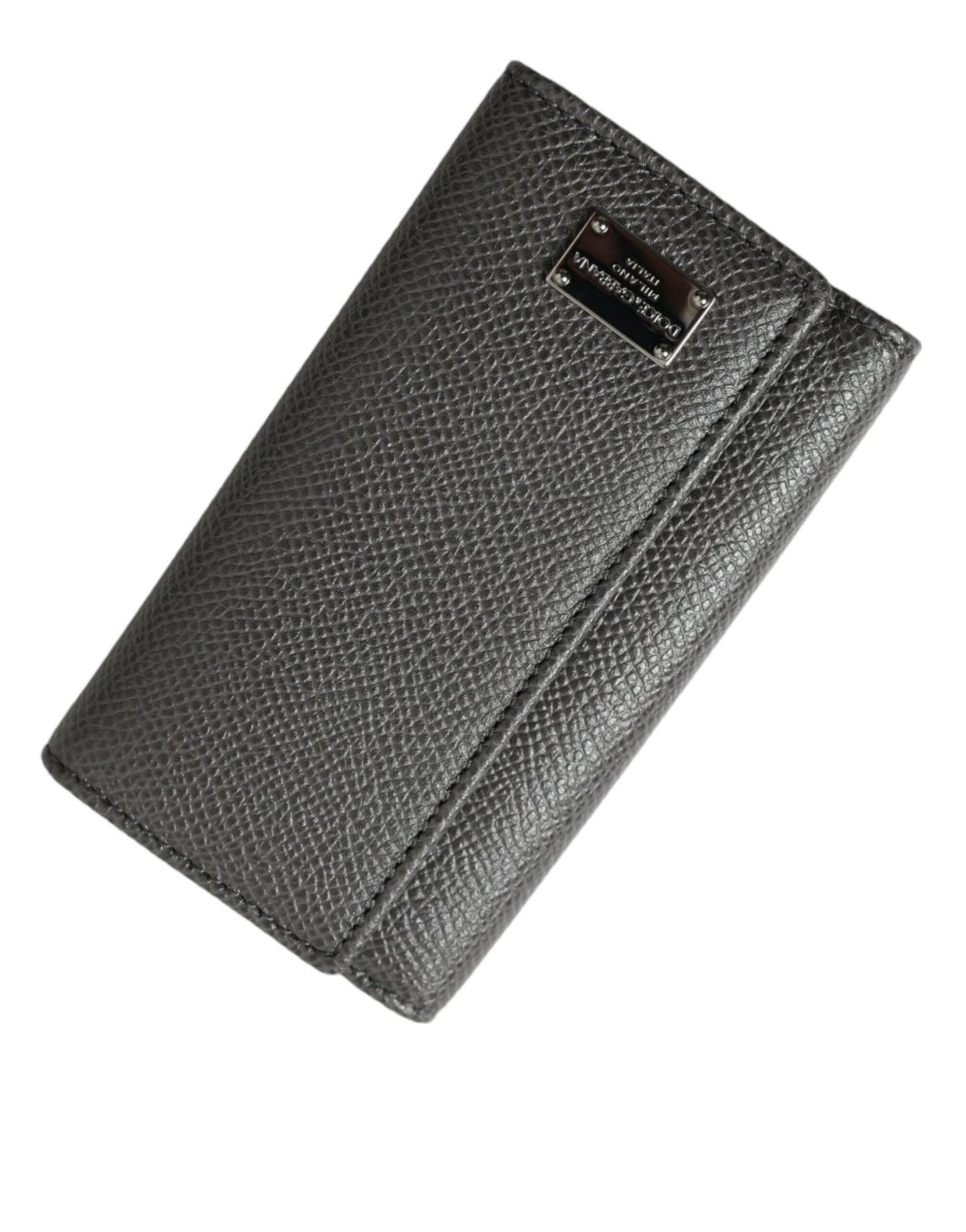 Dolce & Gabbana Gray Leather Silver Metal Logo Plaque Trifold Keyring Dolce & Gabbana