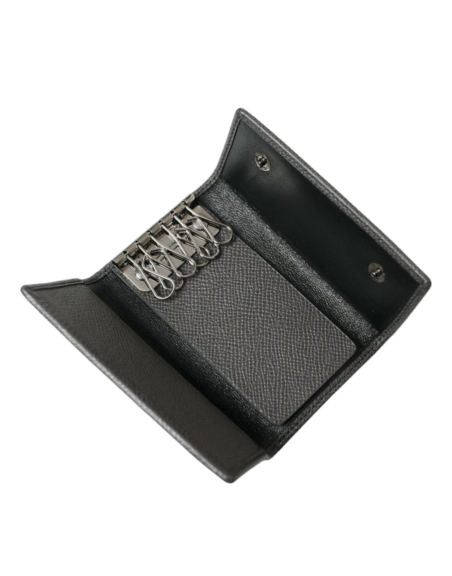 Dolce & Gabbana Gray Leather Silver Metal Logo Plaque Trifold Keyring Dolce & Gabbana