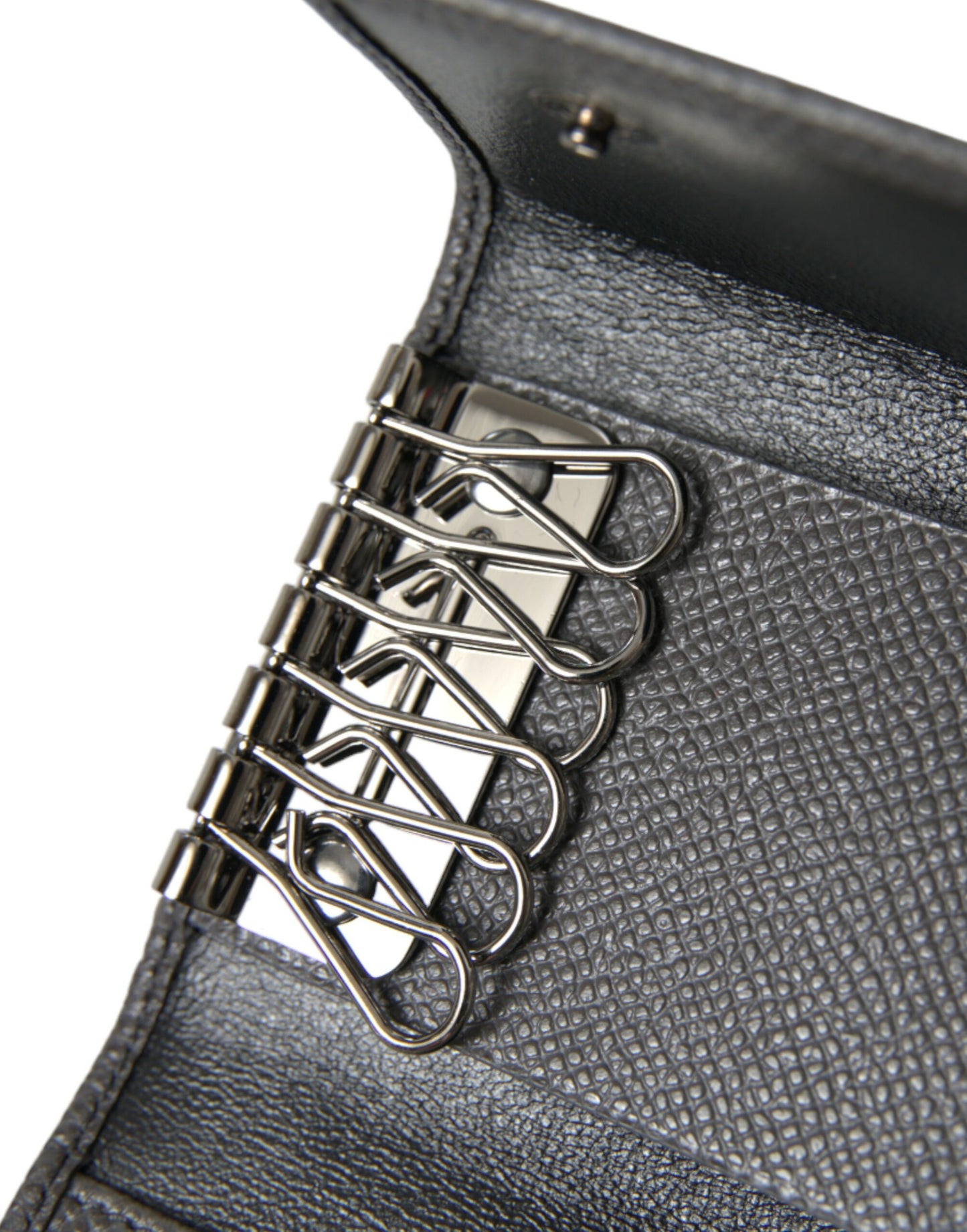 Dolce & Gabbana Gray Leather Silver Metal Logo Plaque Trifold Keyring Dolce & Gabbana