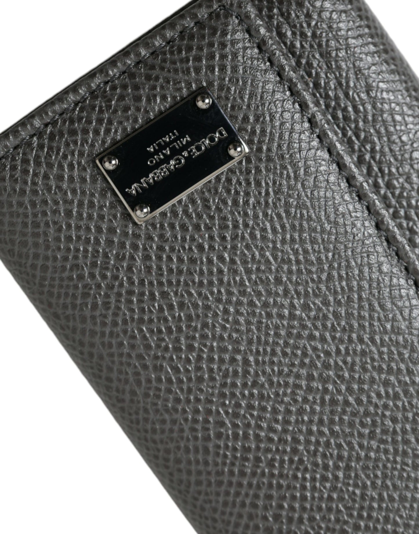 Dolce & Gabbana Gray Leather Silver Metal Logo Plaque Trifold Keyring Dolce & Gabbana