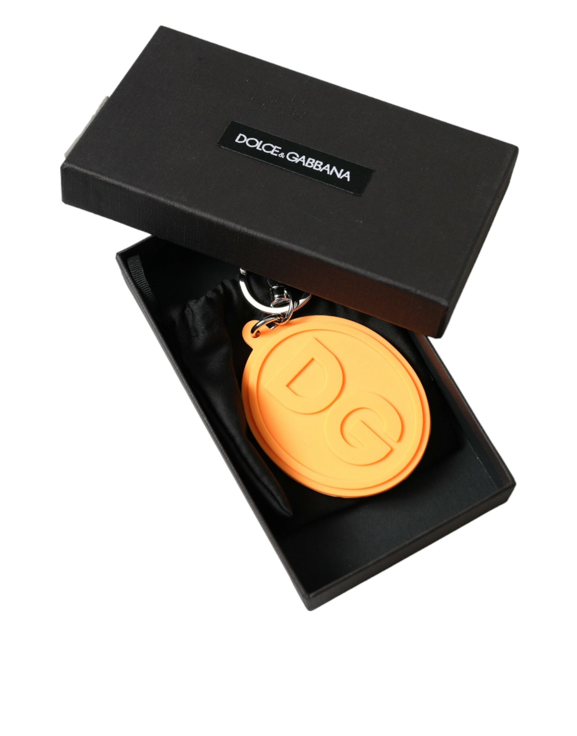 Dolce & Gabbana Orange Rubber DG Logo Silver Brass Metal Keyring Keychain Dolce & Gabbana
