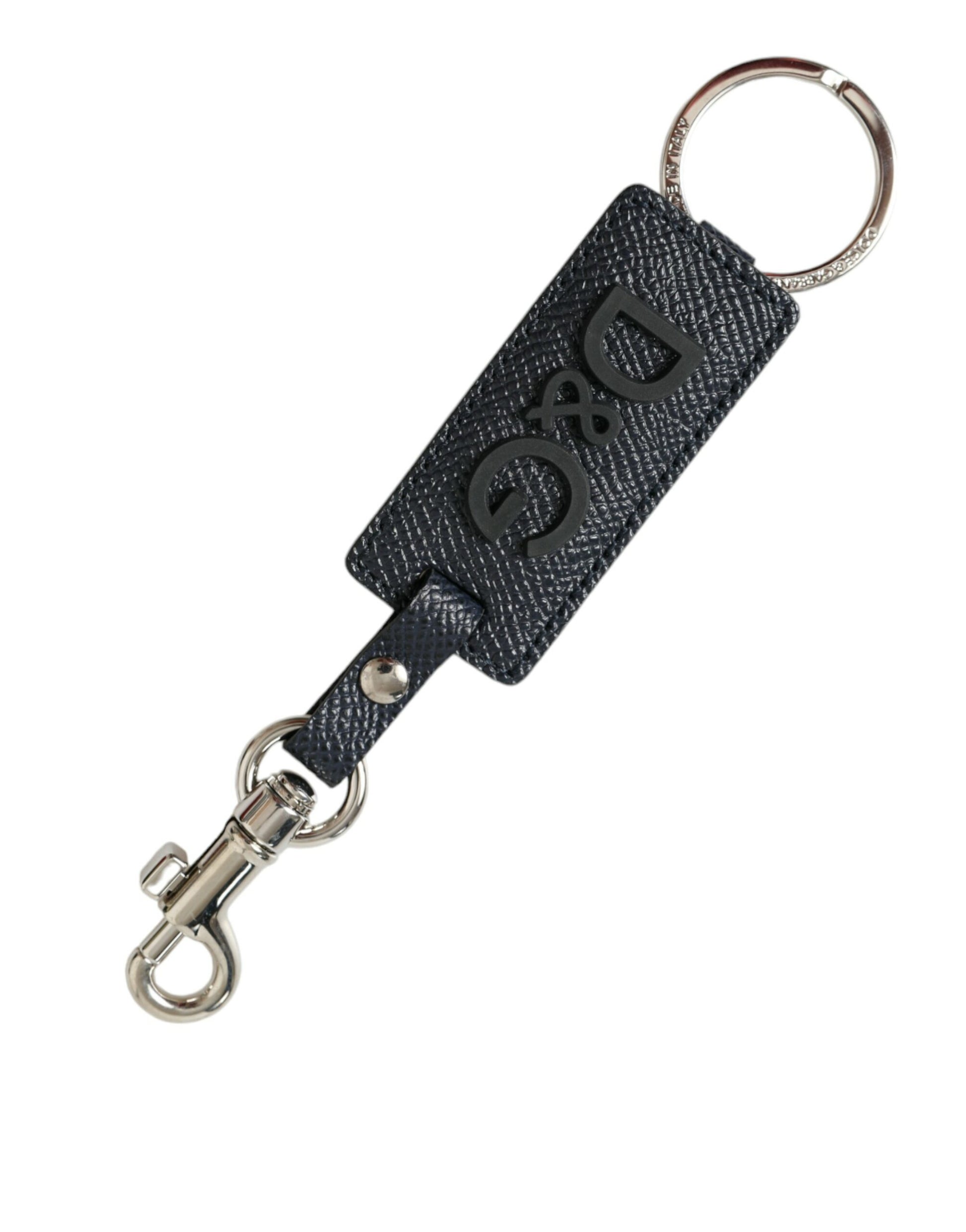 Dolce & Gabbana Black Calf Leather DG Logo Silver Brass Keyring Keychain Dolce & Gabbana