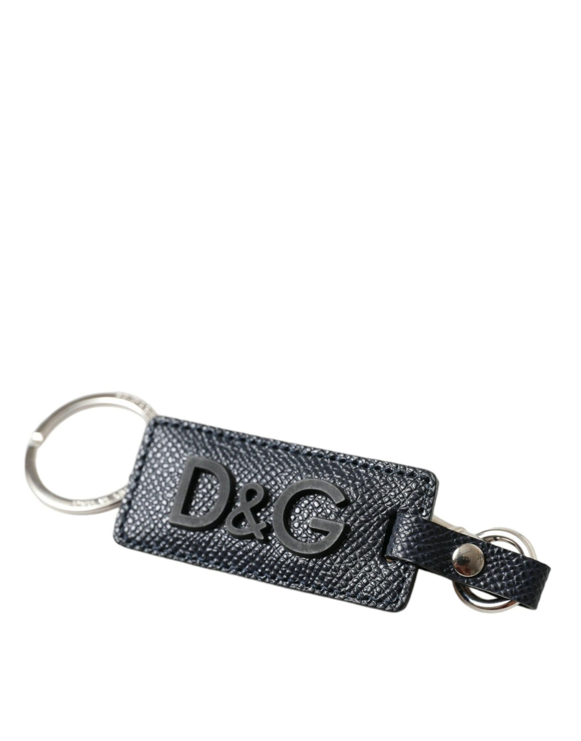 Dolce & Gabbana Black Calf Leather DG Logo Silver Brass Keyring Keychain Dolce & Gabbana