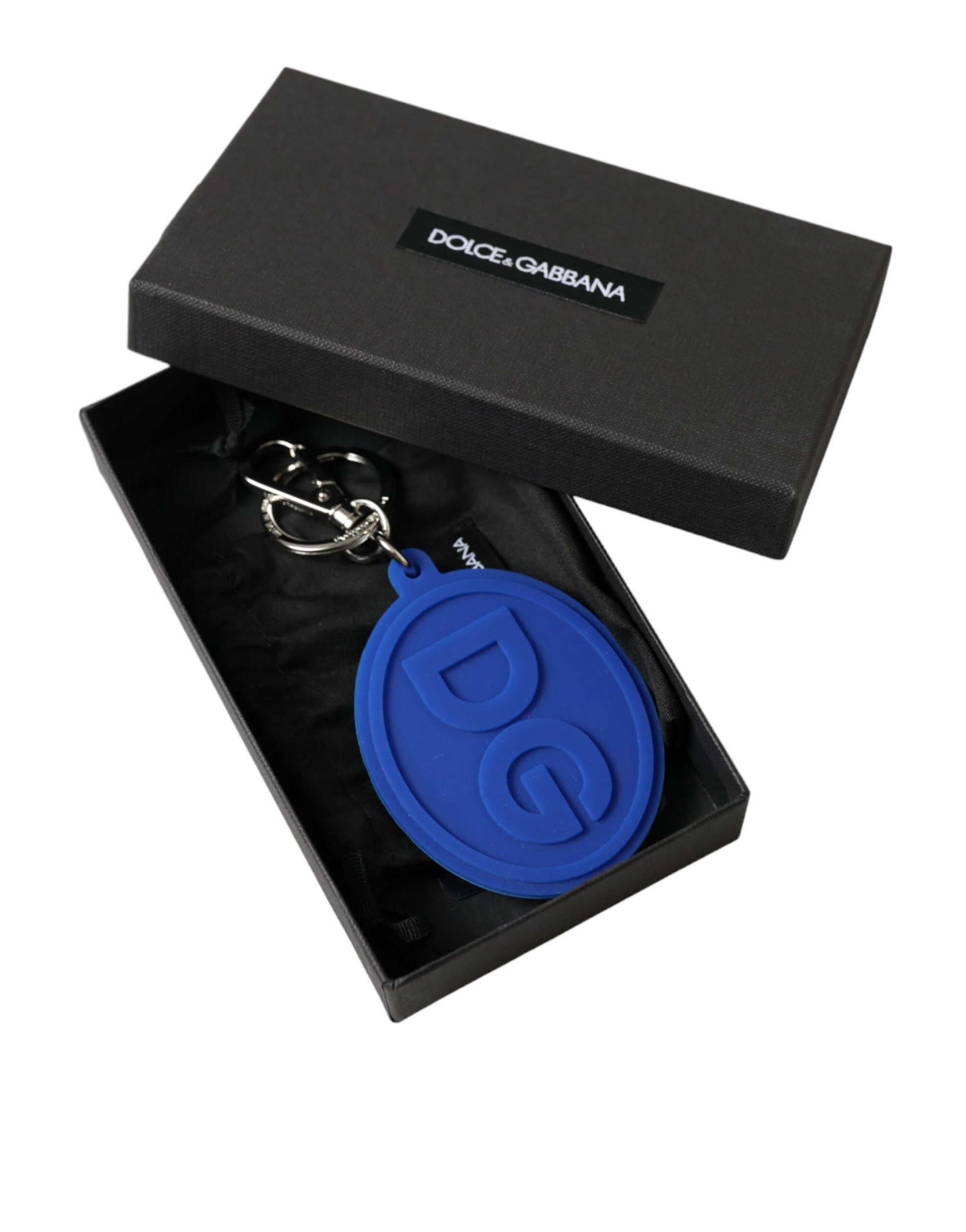 Dolce & Gabbana Blue Rubber DG Logo Silver Brass Metal Keyring Keychain Dolce & Gabbana