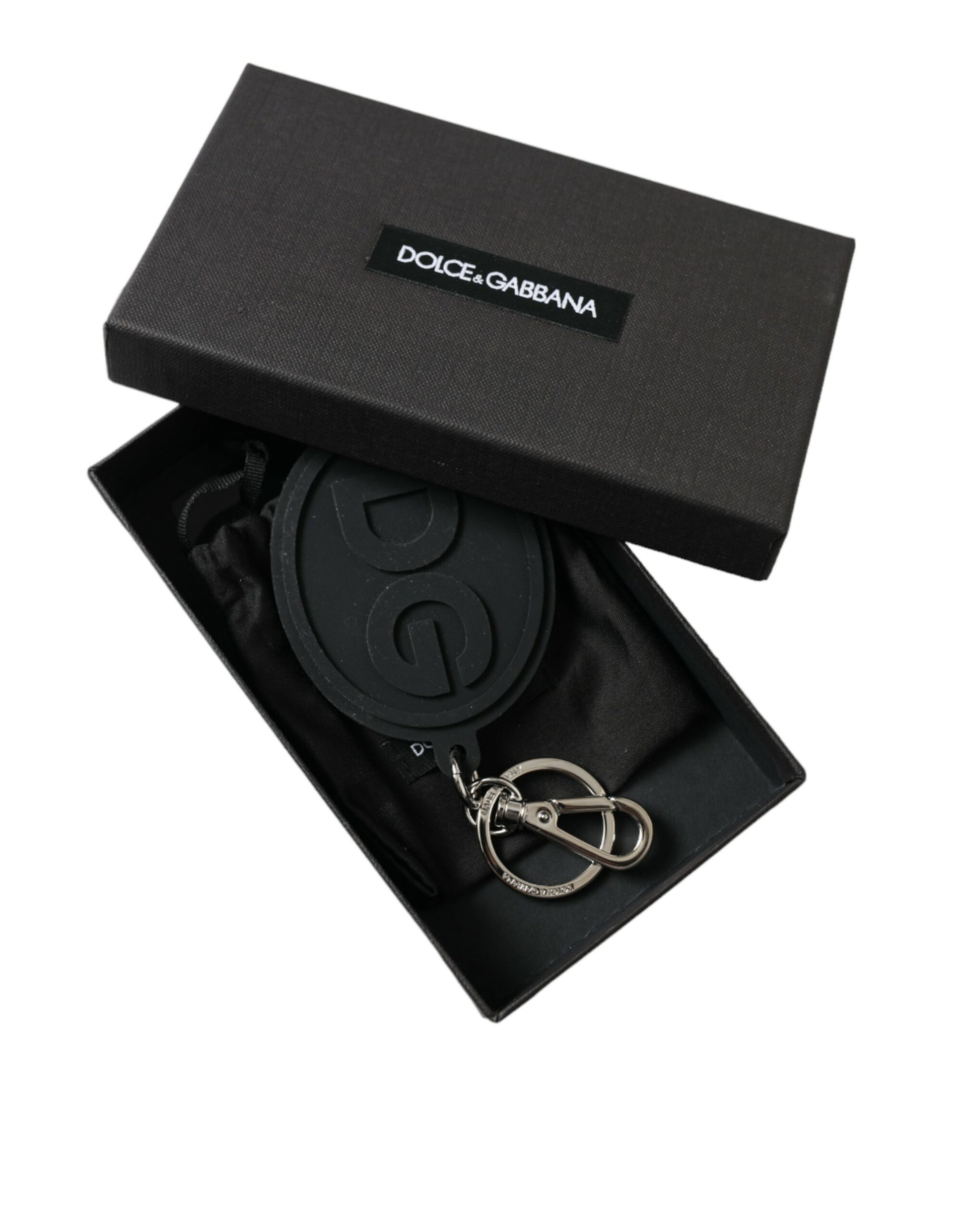 Dolce & Gabbana Black Rubber DG Logo Silver Brass Metal Keyring Keychain Dolce & Gabbana