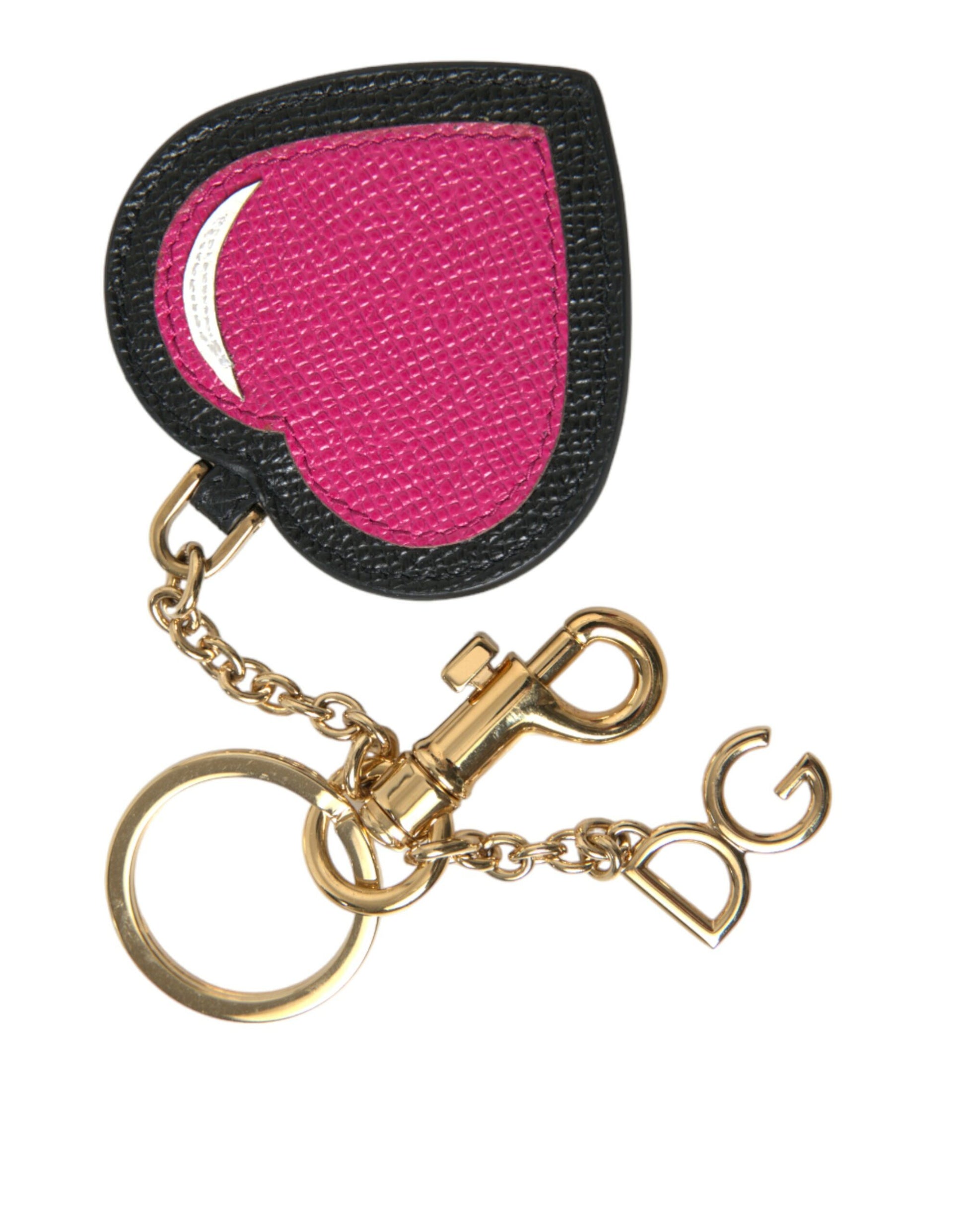 Dolce & Gabbana Pink Black Heart Leather Gold Tone Brass Keyring Keychain Dolce & Gabbana