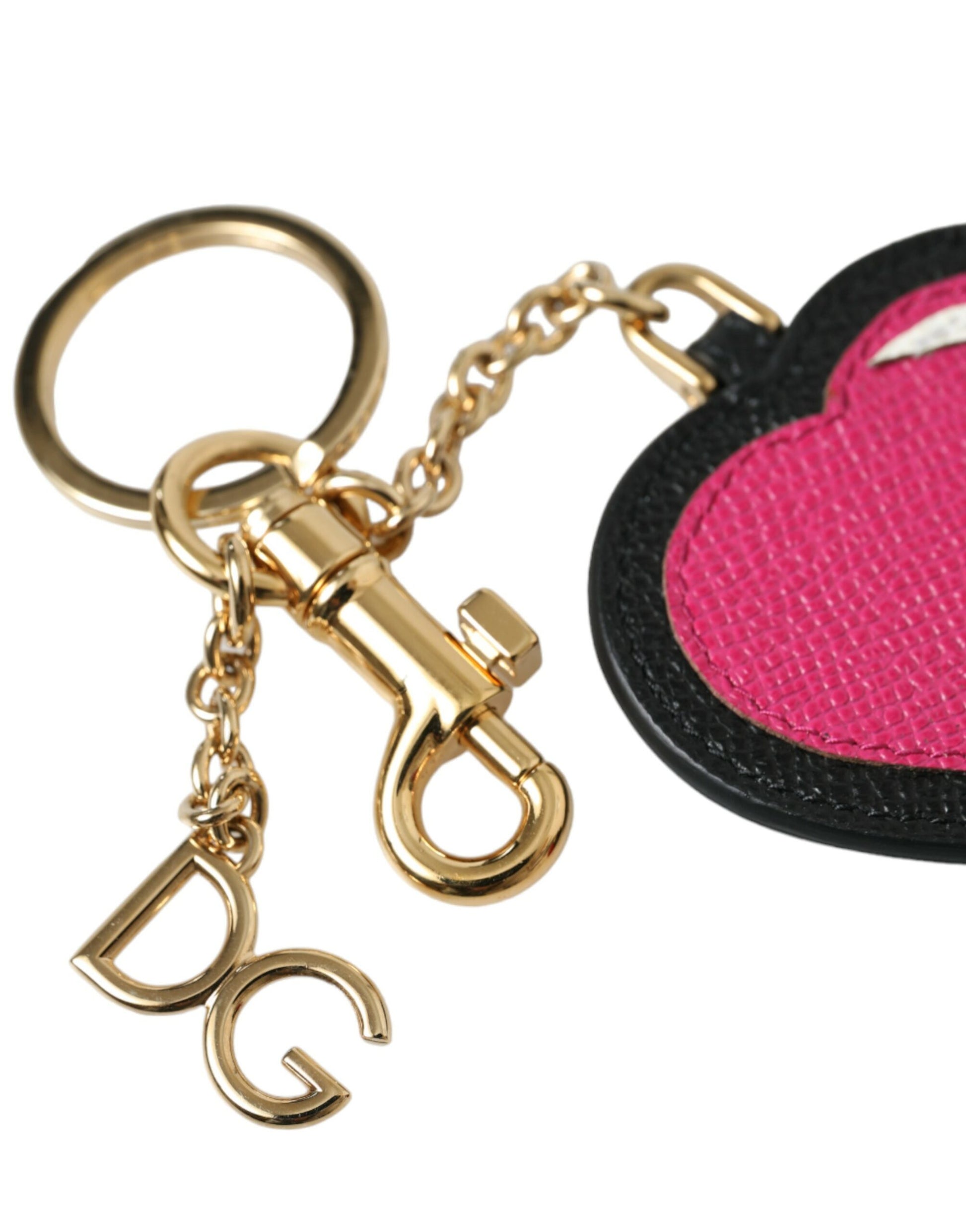Dolce & Gabbana Pink Black Heart Leather Gold Tone Brass Keyring Keychain Dolce & Gabbana
