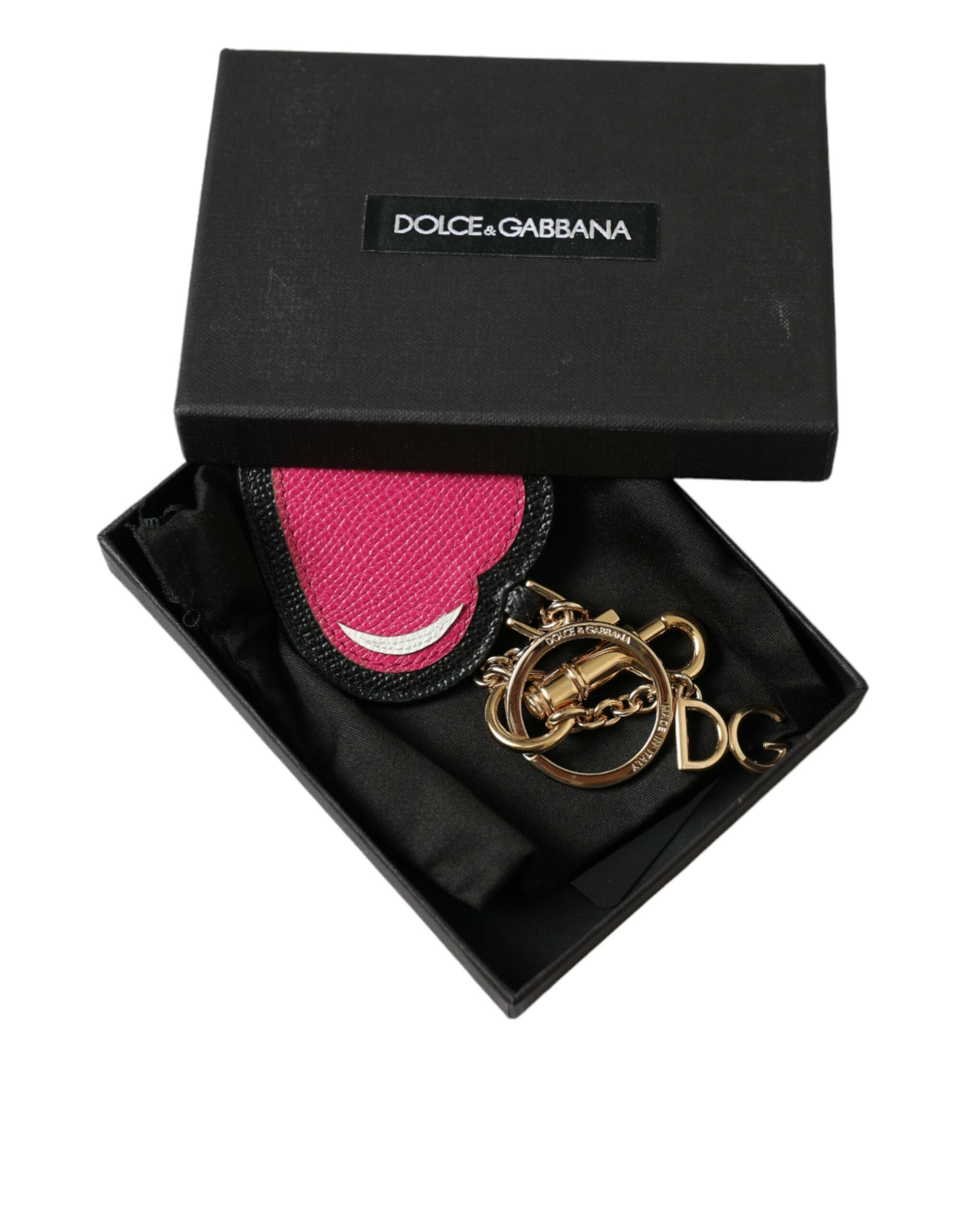 Dolce & Gabbana Pink Black Heart Leather Gold Tone Brass Keyring Keychain Dolce & Gabbana