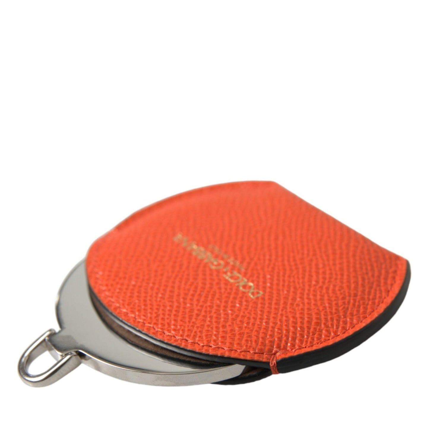 Dolce & Gabbana Orange Calfskin Leather Round Logo Hand Mirror Holder