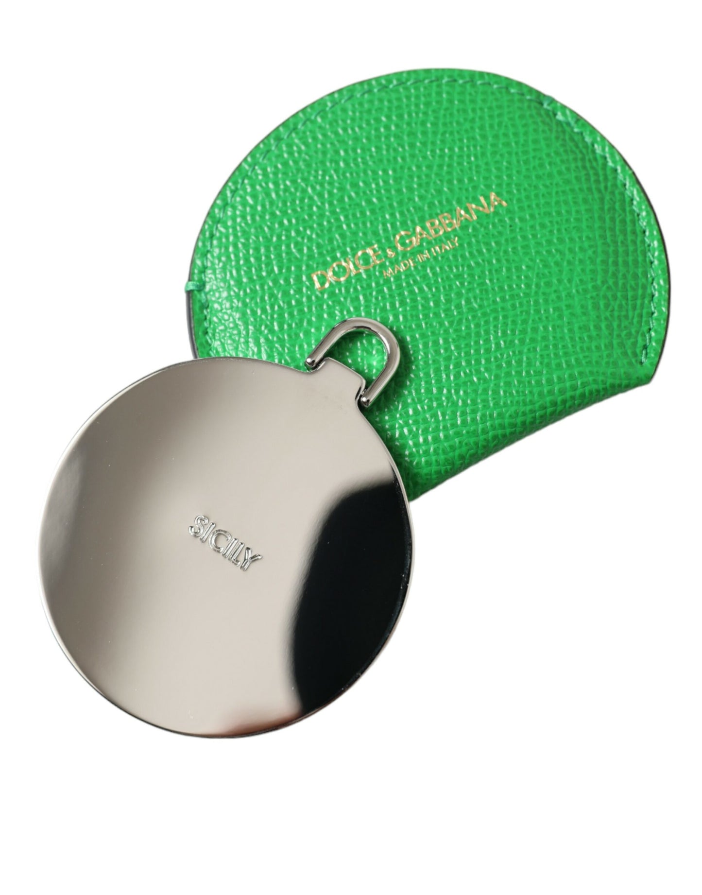 Dolce & Gabbana Green Calfskin Leather Round Logo Hand Mirror Holder Dolce & Gabbana