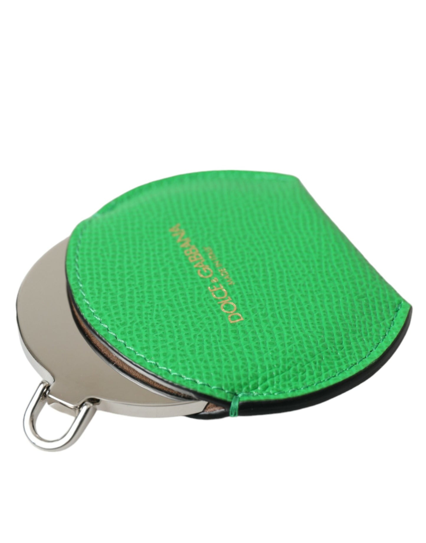 Dolce & Gabbana Green Calfskin Leather Round Logo Hand Mirror Holder Dolce & Gabbana