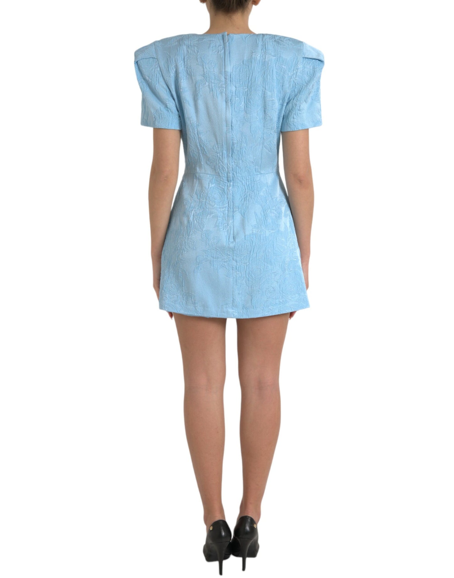 Dolce & Gabbana Light Blue Floral Jacquard Puff Sleeve Mini Dress Dolce & Gabbana