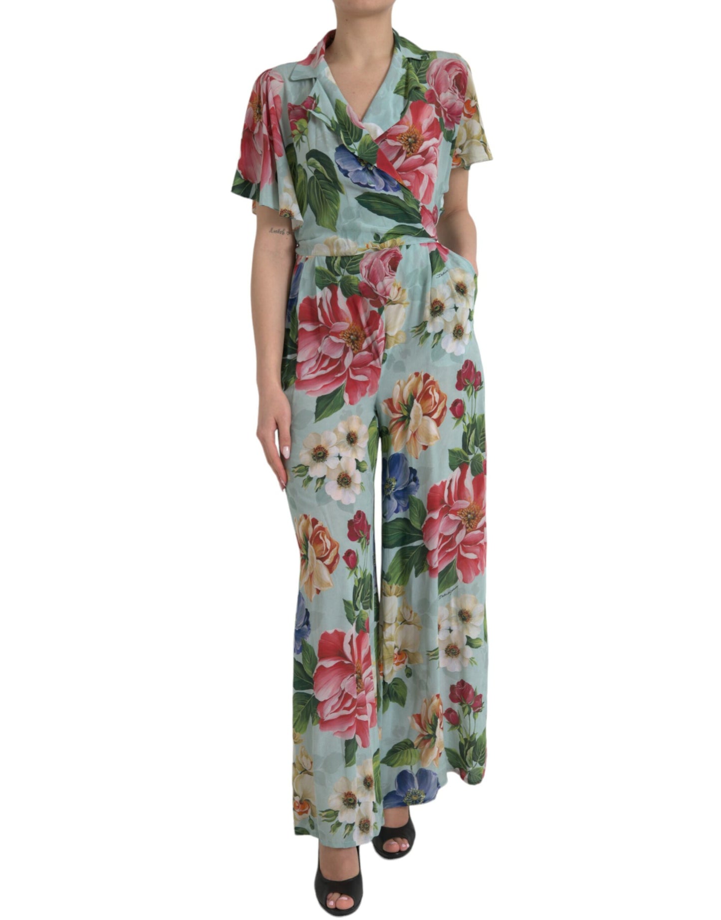 Dolce & Gabbana Blue Floral Wide Leg Wrap Jumpsuit Dress Dolce & Gabbana
