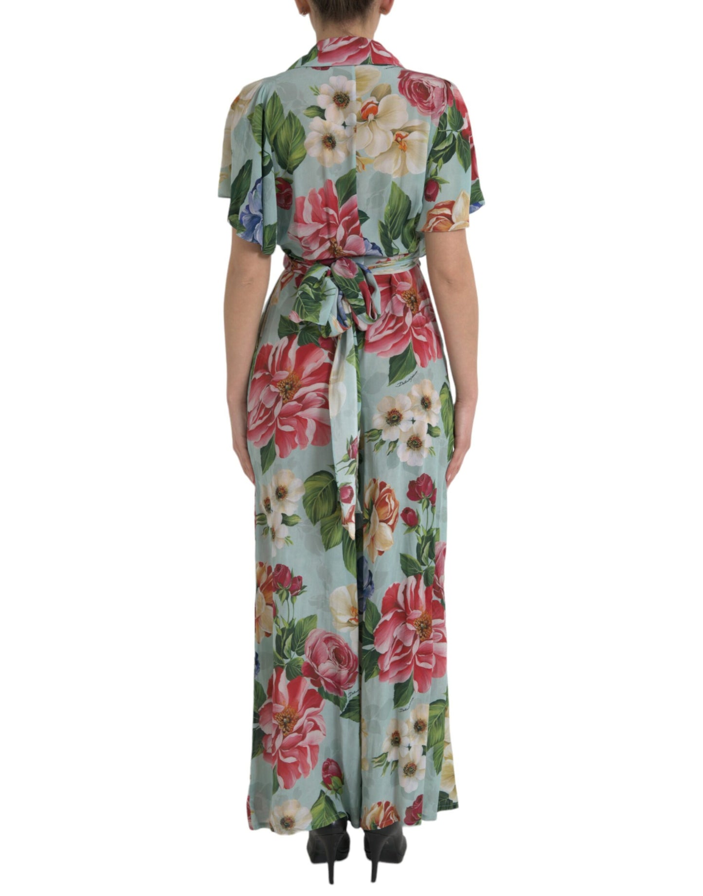 Dolce & Gabbana Blue Floral Wide Leg Wrap Jumpsuit Dress Dolce & Gabbana