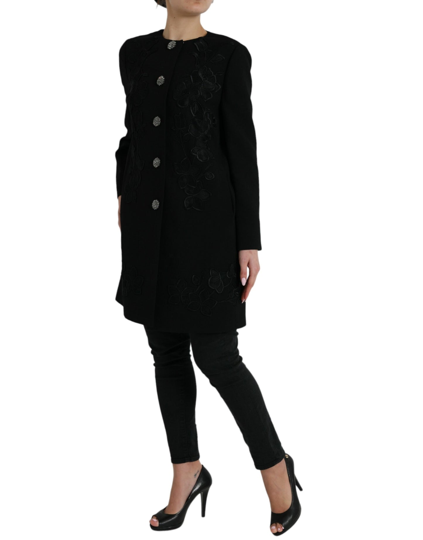 Dolce & Gabbana Black Floral Wool Button Embellished Jacket Dolce & Gabbana