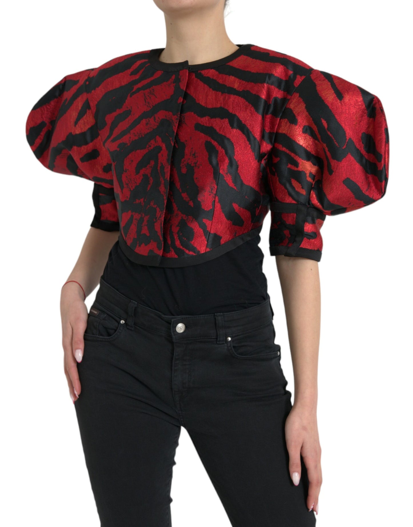 Dolce & Gabbana Black Red Patterned Cropped Coat Jacket Dolce & Gabbana