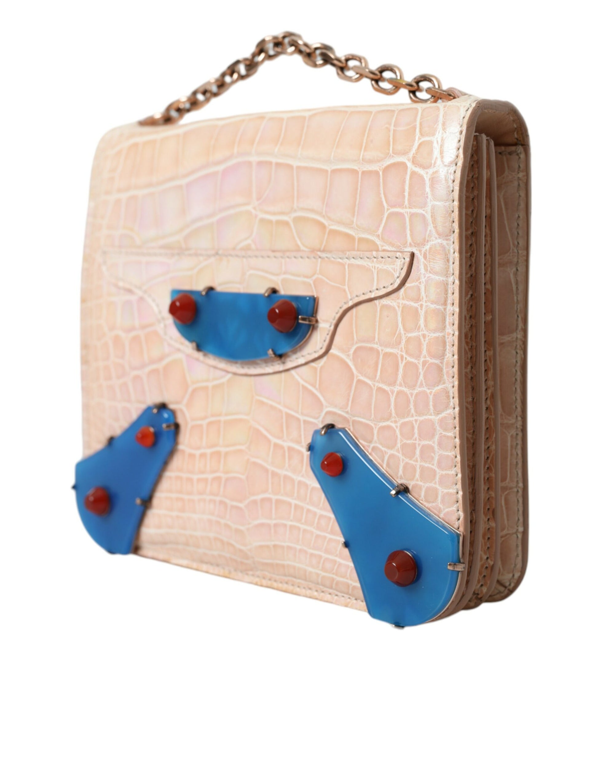Balenciaga Beige Blue Agate Exotic Leather Gold Chain Purse Bag Balenciaga